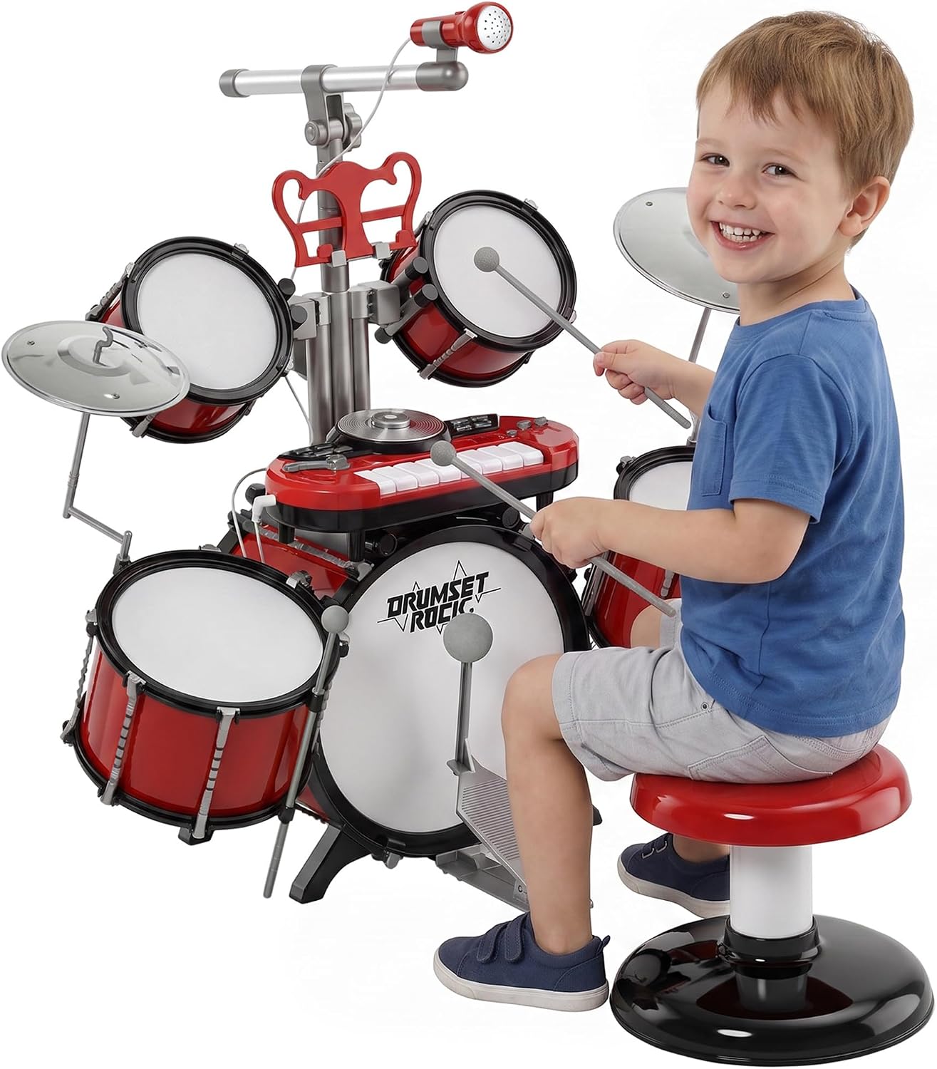HOMCOM Kit de Batterie pour Enfants, Clavier Électronique, Tabouret, Rouge