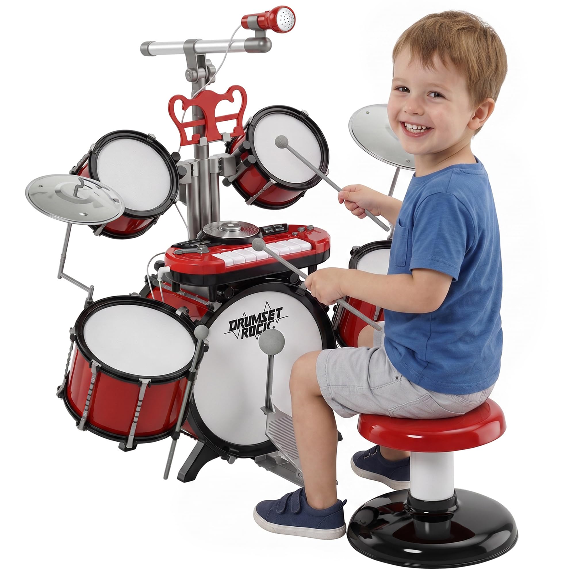 HOMCOM Kids Drum Set with Stool, Toy Microphone, Cymbal, for 3-8 Years Red