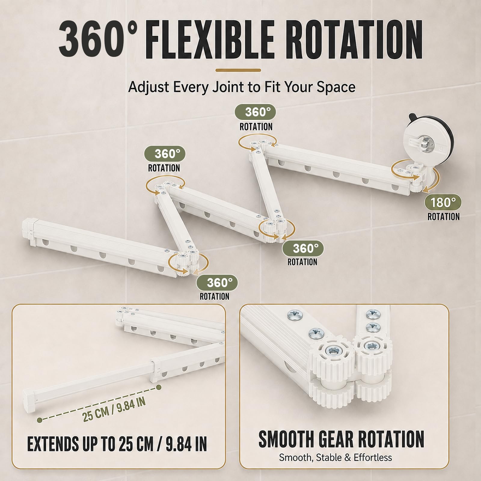 Tringle à rideau de douche sans perçage avec rideau de douche, pliable, double ventouse