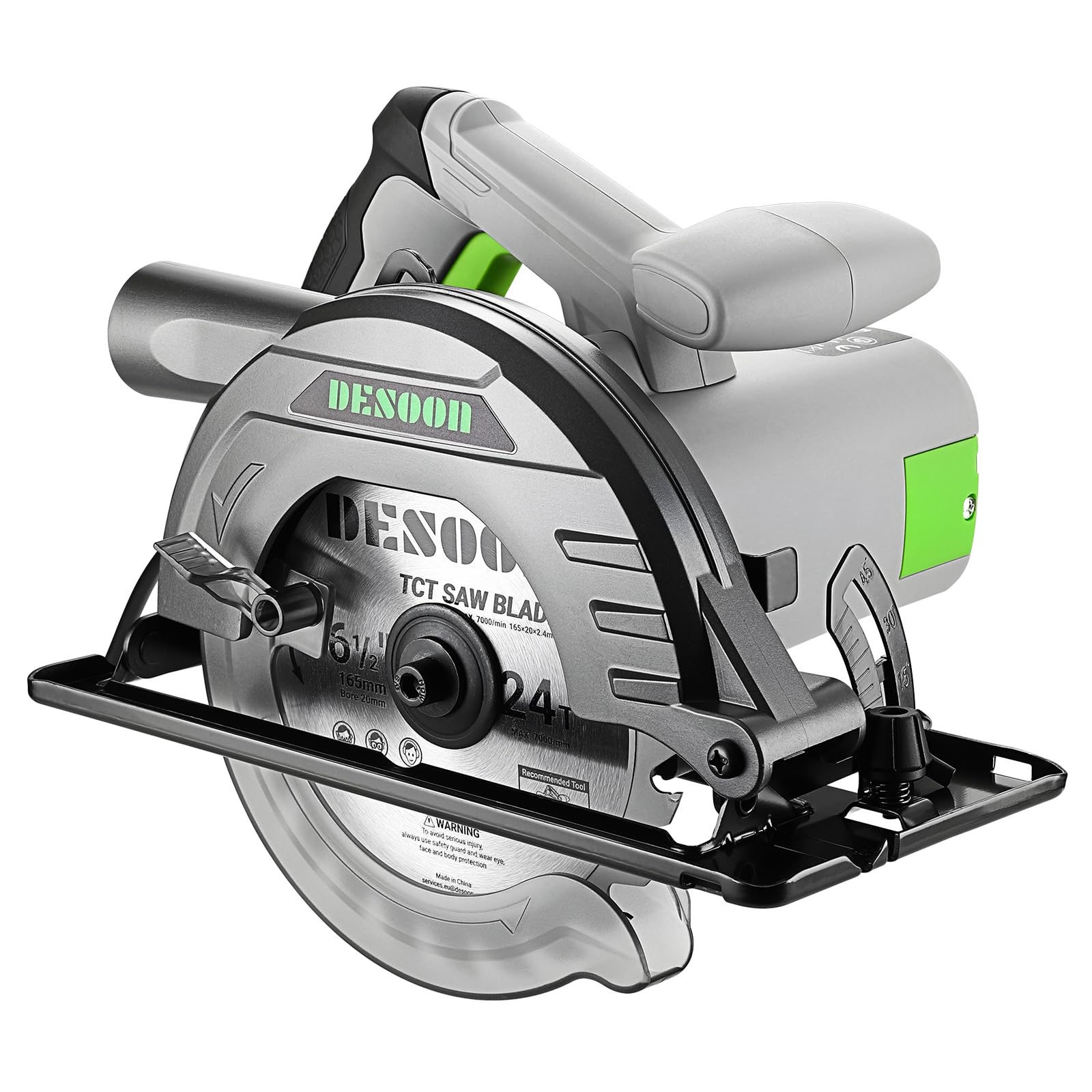 DESOON 1200 W Circular Saw, 4800 RPM, 2 Saw Blades (165mm, 24T and 40T), Guide Rail, Cutting Depth 55 mm (90°), 33 mm (45°), for Wood Cutting