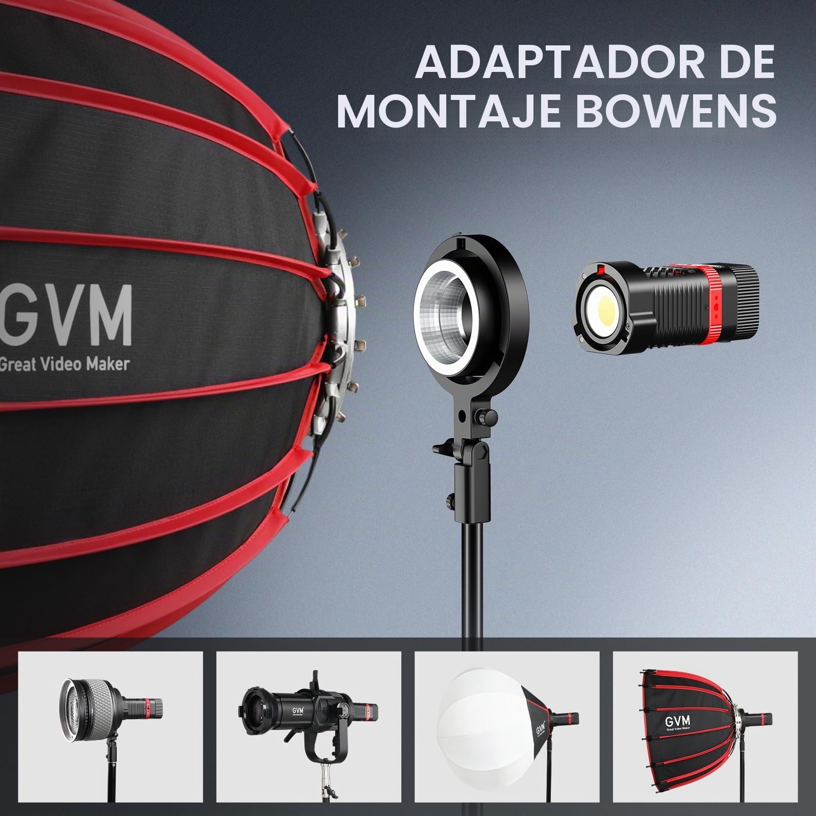 GVM PL60B - Lámpara de vídeo (60 W, para iluminación de estudio COB, iluminación de fotografía portátil para grabación, iluminación de vídeo LED portátil, proyector exterior para control por