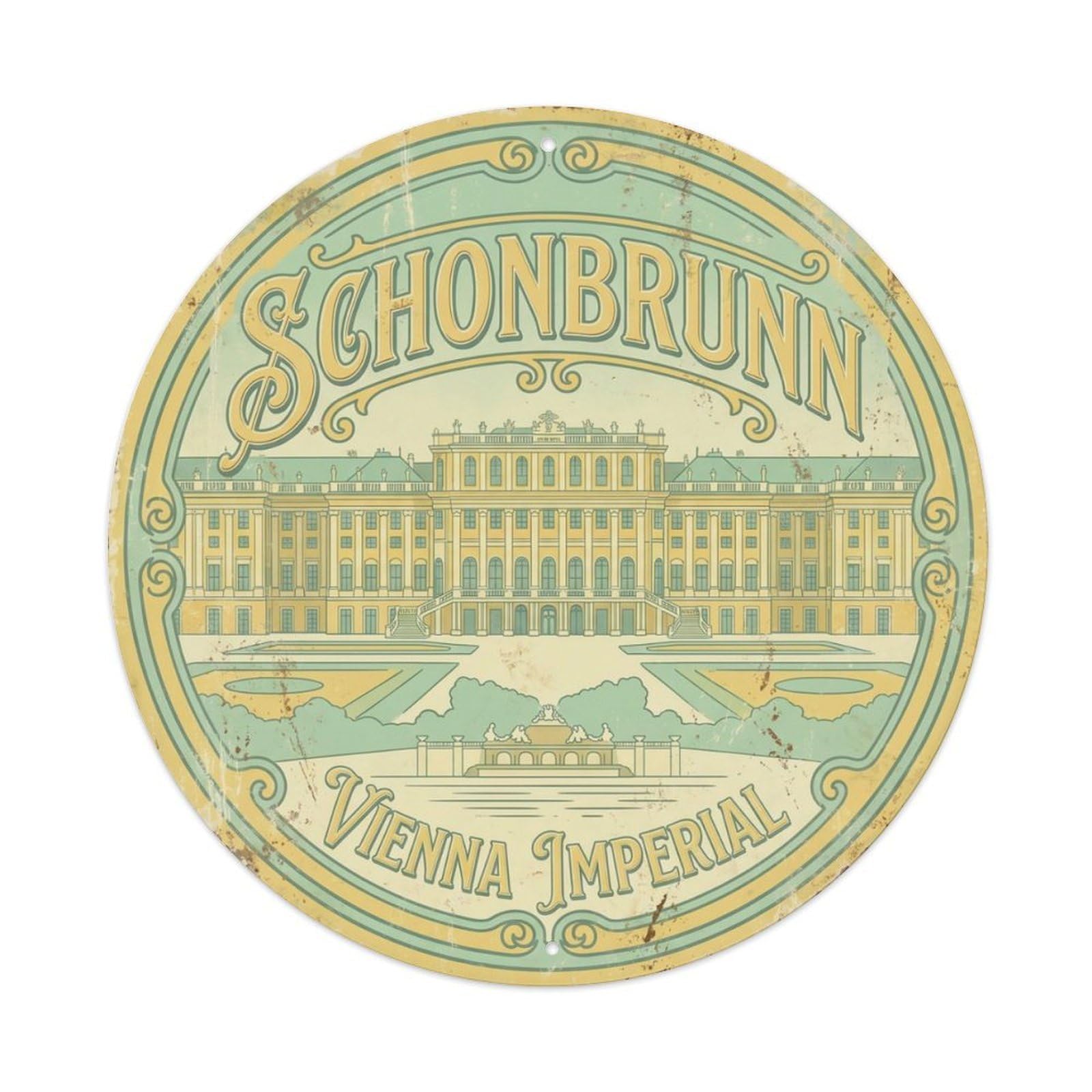 Vintage Travel Schonbrunn Palace Austria Metal Tin Sign Plaque Wall Decor for Cafe, Club Bar, Office, Home Garden Round Metal Poster 8x8Inch