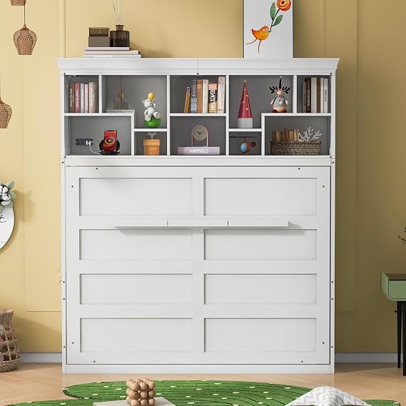 Merax Modern Farmhouse Solid Wood Murphy Cabinet Bed with Top Shelves & USB Charging, Tall Wall Platform Bed No Box Spring Needed/Easy Assemble Queen,White