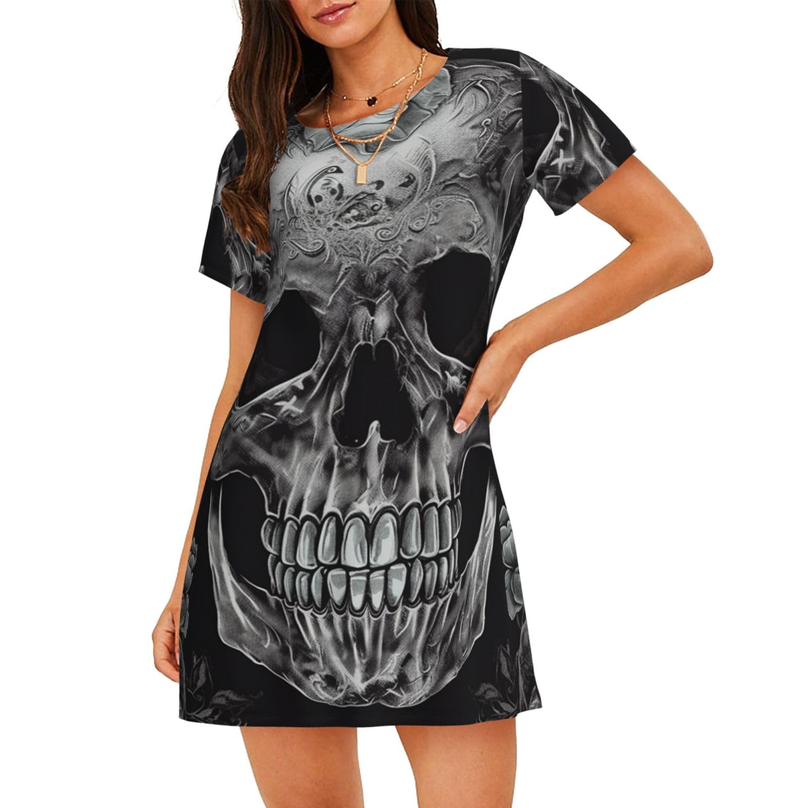 Sdtykhj Women's Black Cotton Nightgown Short Sleeve Nightshirt Skull Skeleton Casual Nightdress Sleepwear For Xxl