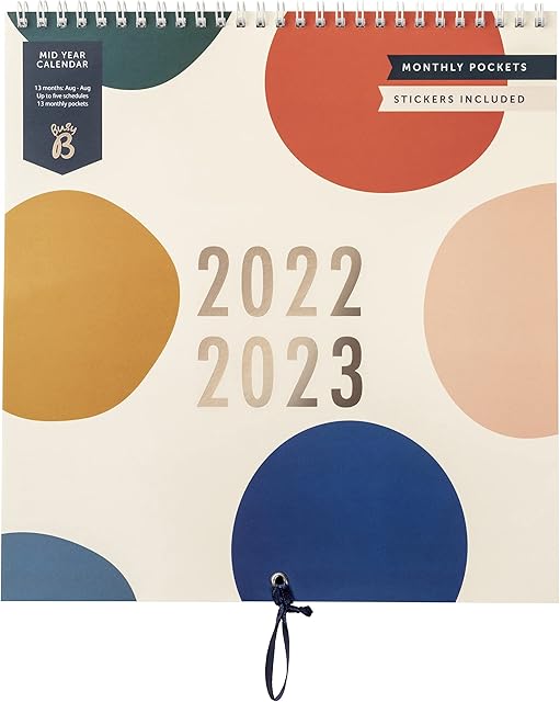 Busy B Mid Year Family Calendar August 2022 - August 2023 - Spot. Month-to-View Academic Home Planner with 6 Columns. Monthly Storage Pockets and Stickers