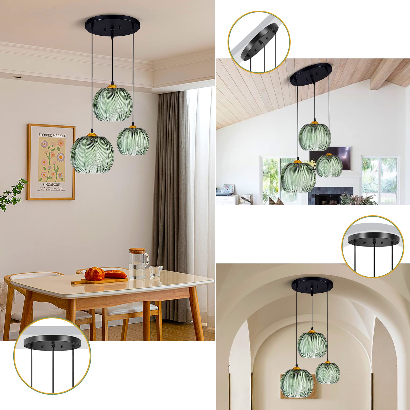 Suspension en Verre Vert Clair Suspension Luminaire Abat-jour Verre Art Déco Lampe Salon Salle à Manger,Cordon Réglable,Luminaire Suspendu pour Chambre à Coucher, Salon, évier de Cuisine (3SET)