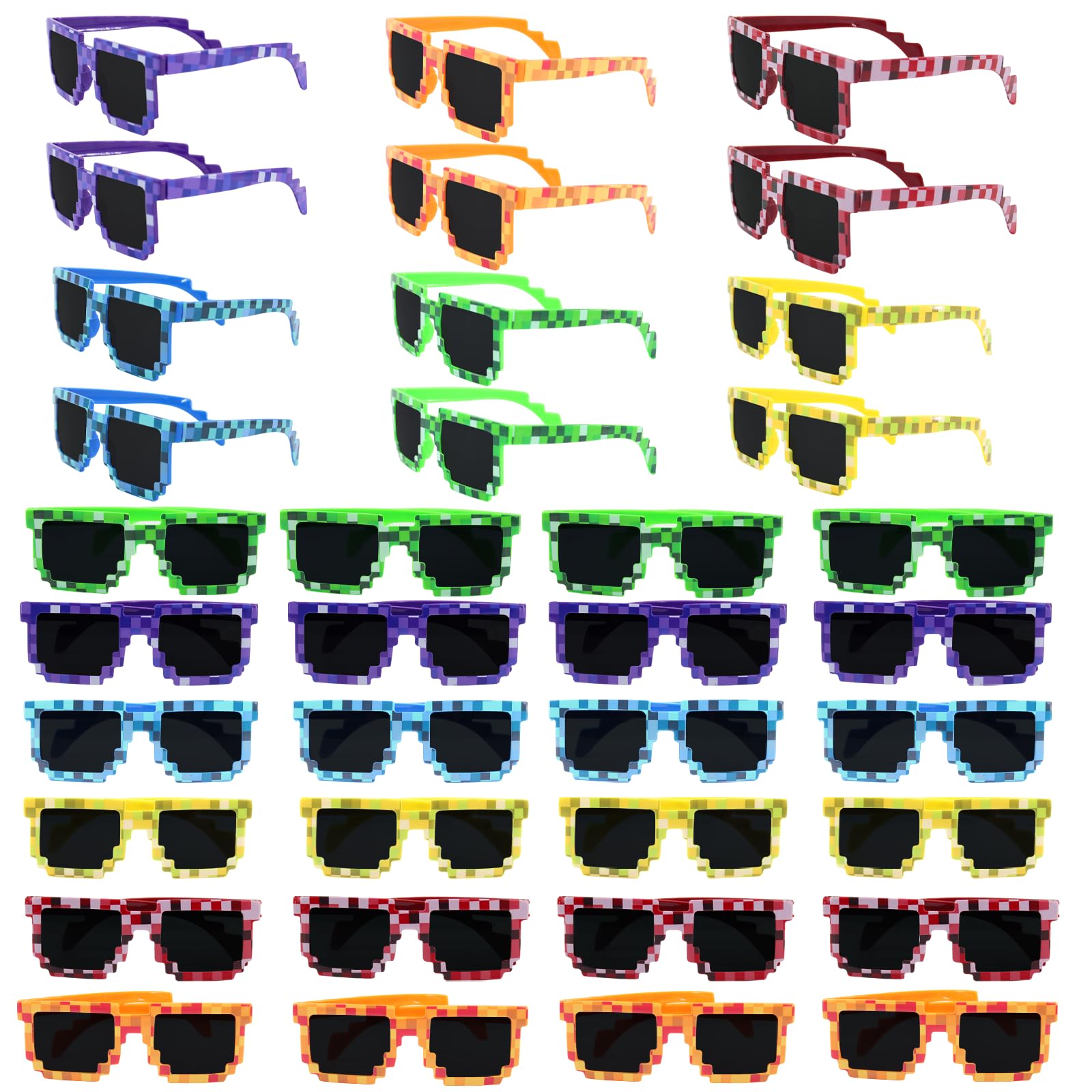 Timisea 36Pack Pixel Sunglasses,6 Colorful Glasses,Pixel Theme Party Favors, Pixel Glasses Retro Gamer Sunglasses Pixelated Eyewear for Adults,