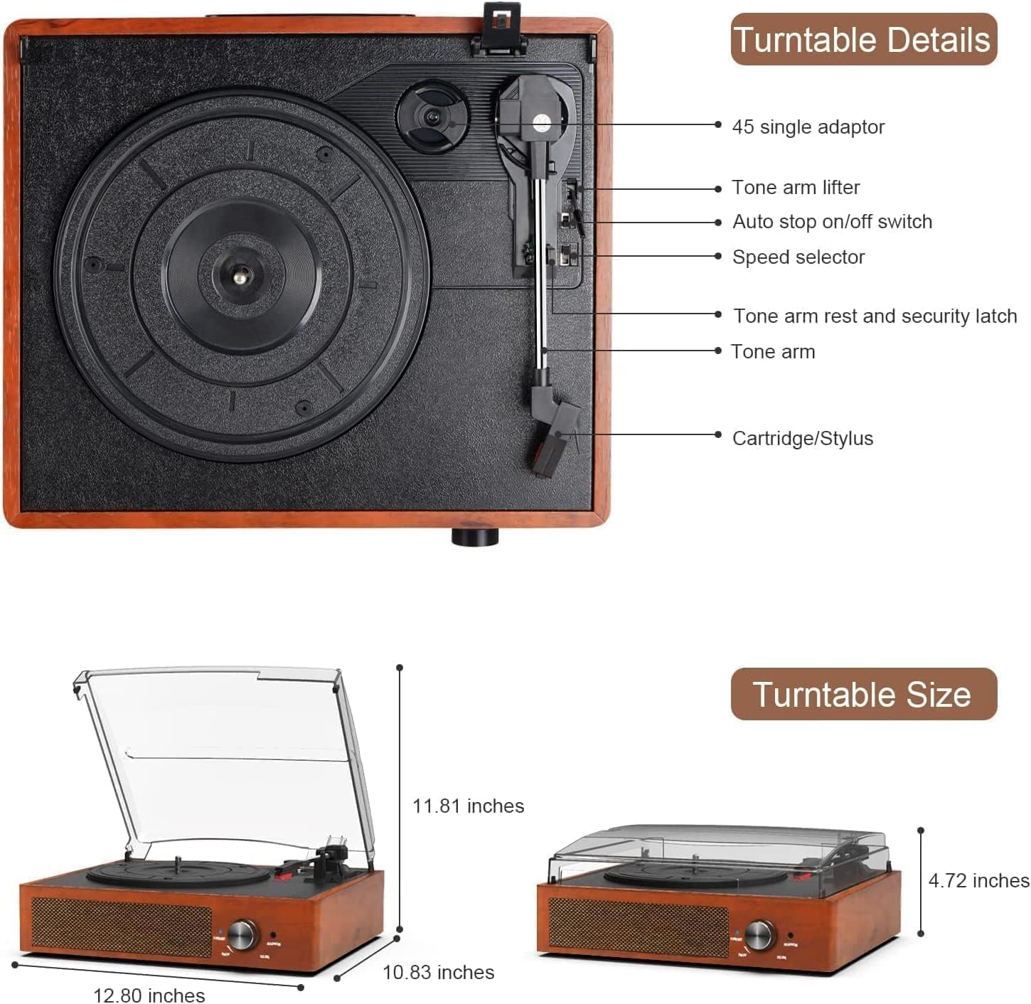 Vinyl Record Player Bluetooth Turntable with 2 Built-in Speakers 3-Speed Vintage LP Player, Support Bluetooth in RCA Out Aux in Headphone Jack