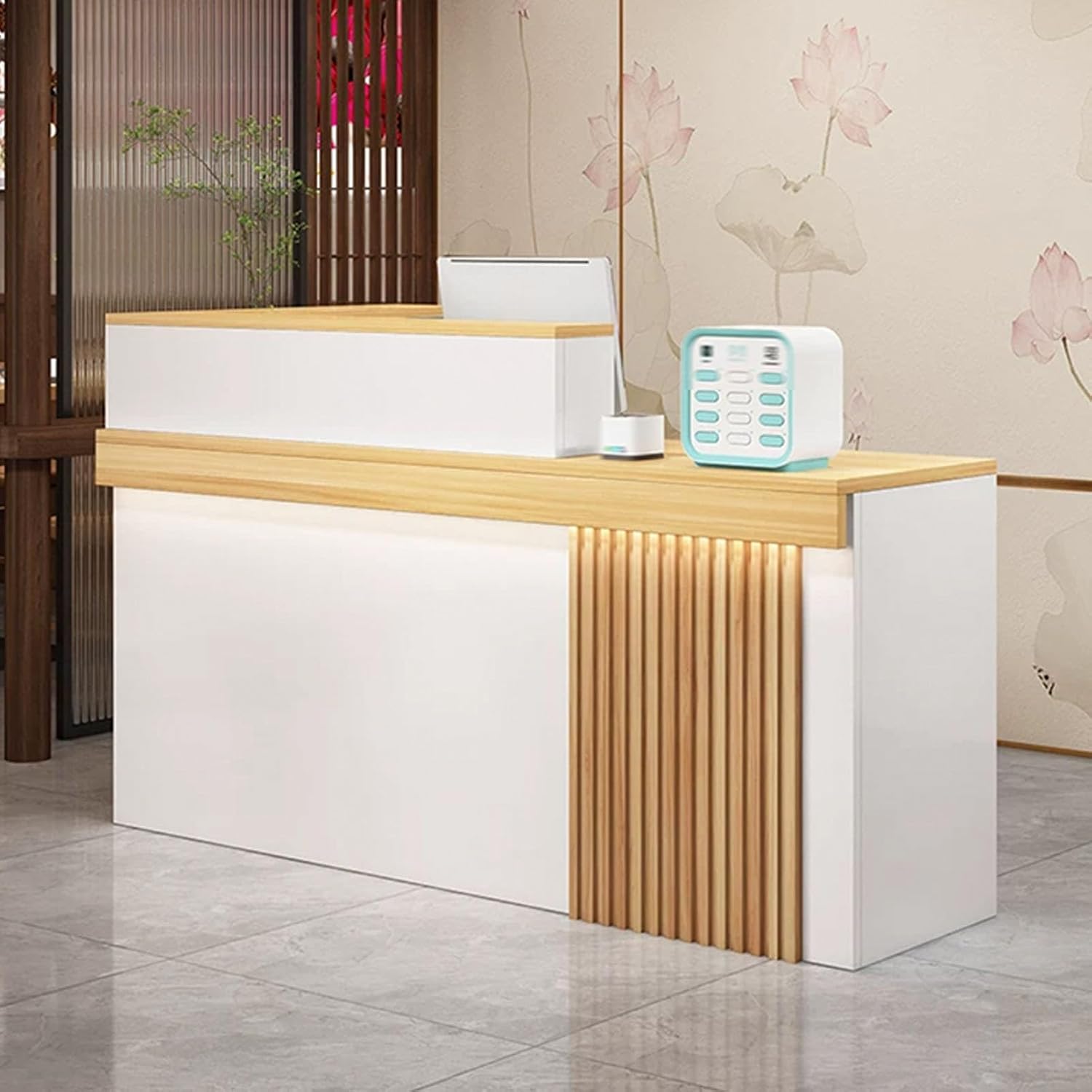 Counter Desk, Reception Desk, Retail Counter, Reception Desk with Counter, Front Counter Desk with Lockable Drawer, for Salon Reception Room Checkout Office(White+Gray,120cm/47.2in)