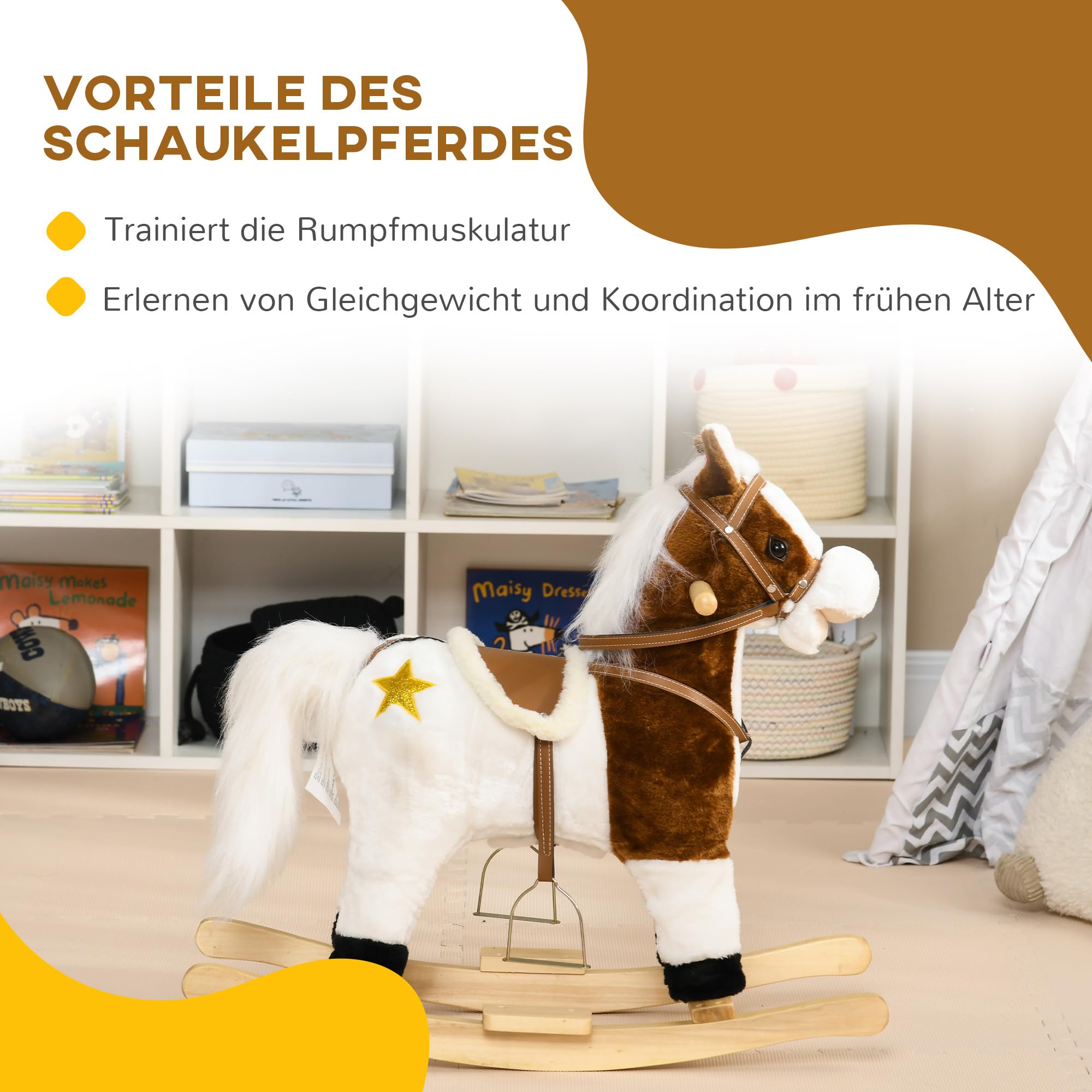 HOMCOM Schaukelpferd Schaukeltier Pferd mit Sound Effekt, Fußstütze, Haltegriffen Plüsch Baby Schaukelsitz Schaukelspielzeug Schaukel für Kleinkinder 3 bis 6 Jahre