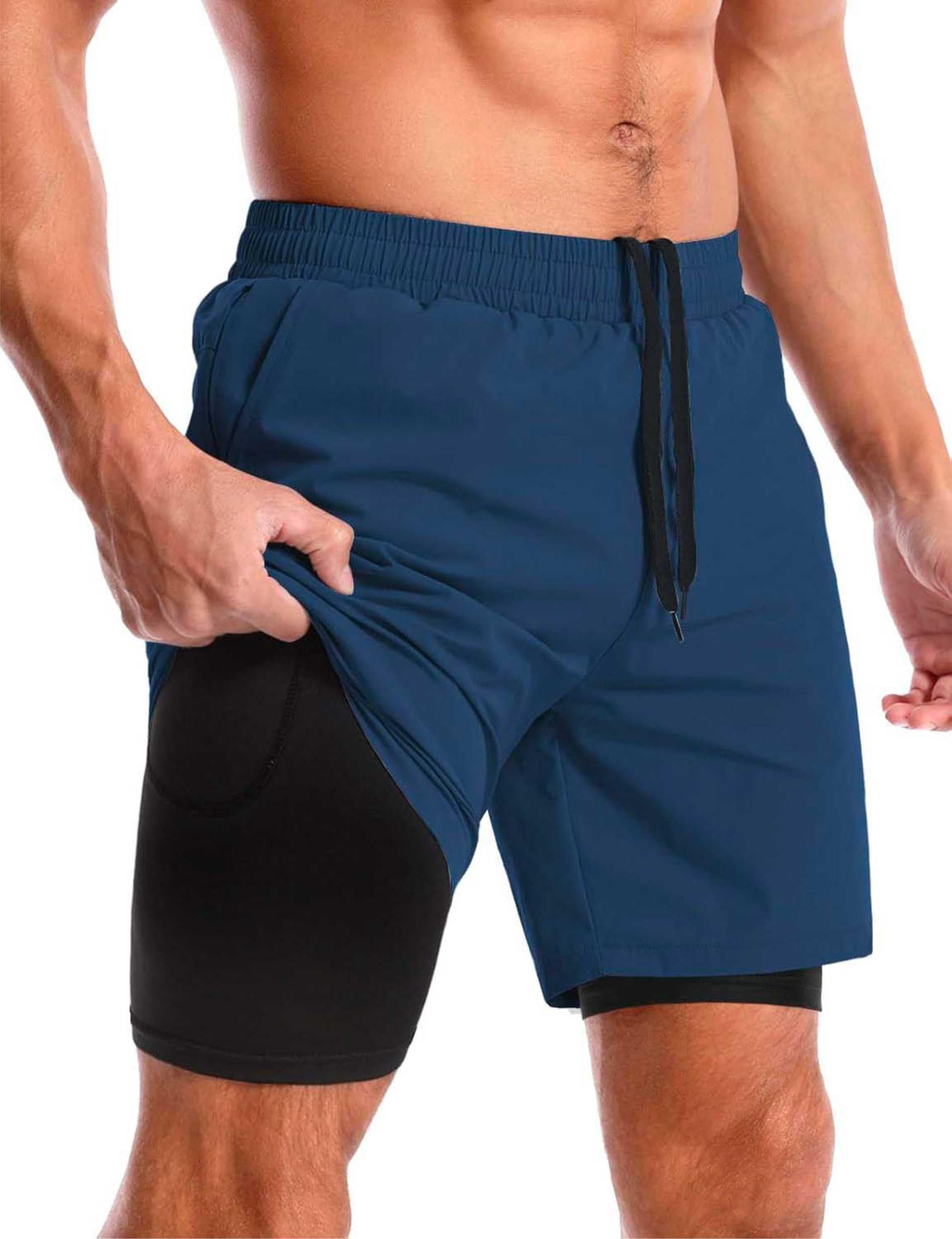 CBlueMen’s 2 in 1 Running Shorts Quick Dry Workout Gym Shorts with Pockets, Tennis Training Athletic Shorts with Liner (in, Alpha, S, Regular, Navy Blue)