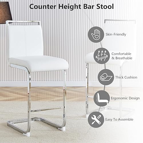 Miniatura 7 de Taburete de bar de 25 pulgadas de altura de mostrador, juego de 2 sillas de bar de piel sintética con respaldo de isla de cocina con cojín para