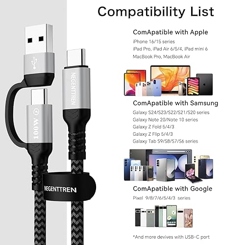 Miniatura 6 de Cable USB C a C 2 en 1 de 100 W (6 pies, paquete de 2), cable de carga rápida 5A tipo A a C, cable de carga USB C trenzado de nailon para iPhone 16