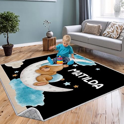 Miniatura 2 de Tapete de juego para bebé con nombre personalizado, tapete suave de oso negro para piso, tapetes de juego plegables impermeables para bebés y niños