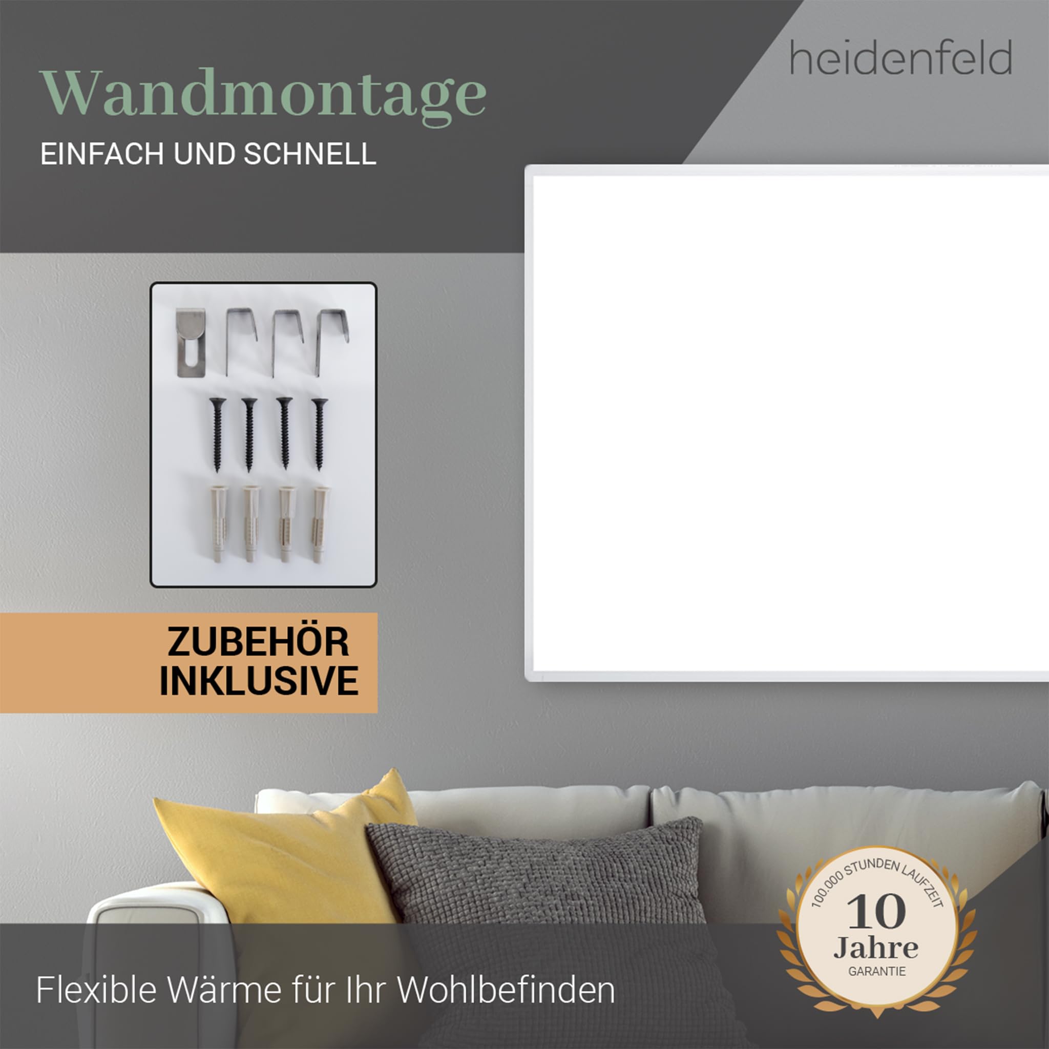 Heidenfeld Infrarotheizung HF-HP100-3 | 𝟭𝟬 𝐉𝐀𝐇𝐑𝐄 𝐆𝐀𝐑𝐀𝐍𝐓𝐈𝐄 - 600 Watt - Bis 16 m² - Infrarot Heizkörper - Elektroheizung mit Thermostat - Überhitzungsschutz (HF-HP100-3 600 Watt)