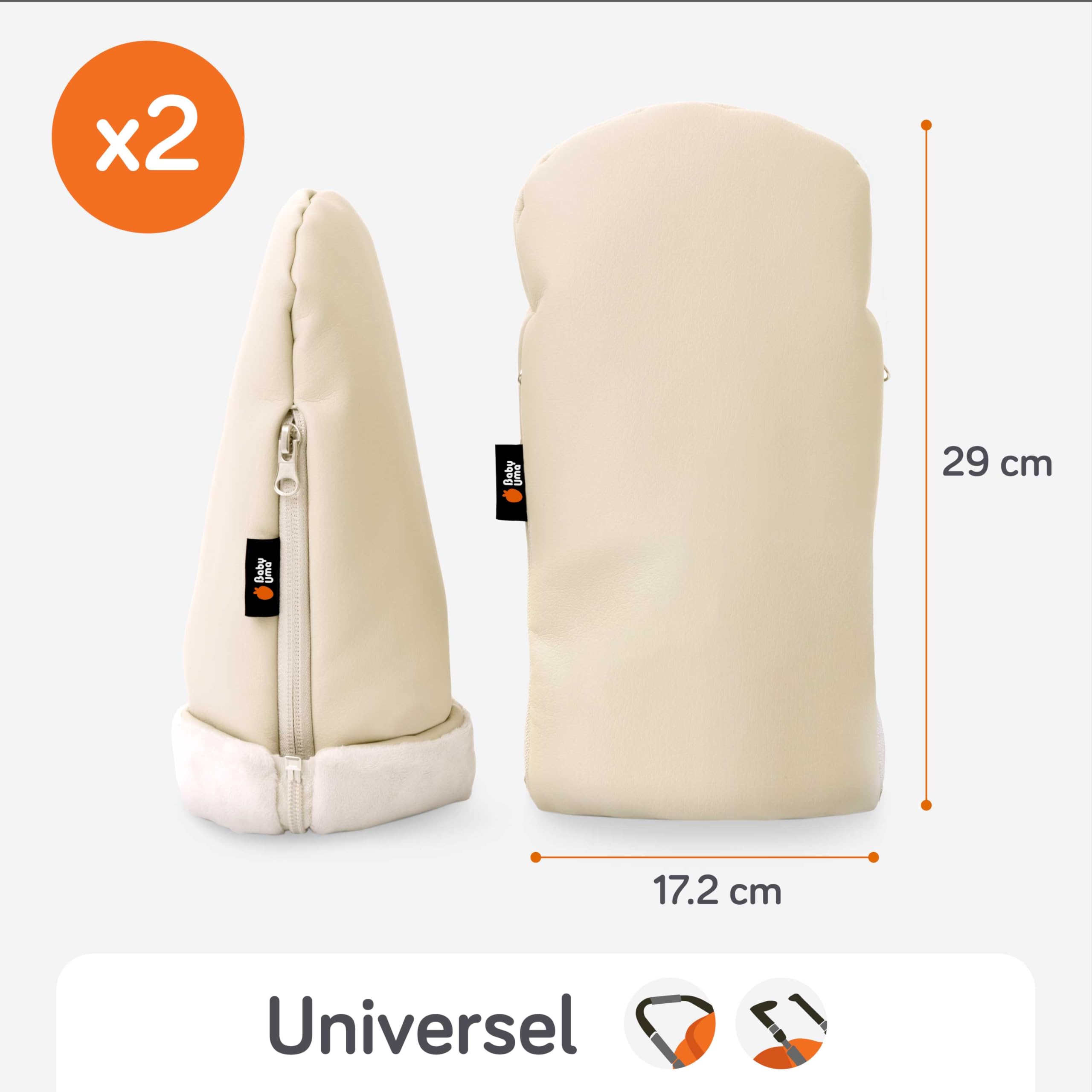Baby Uma Gant Poussette Bébé - Moufles Poussette Doublées Polaire Ultra-Douces, Simili-Cuir Imperméable Coupe-Vent, Accessoire Poussette Universel avec Fermetures Zippées (Beige)