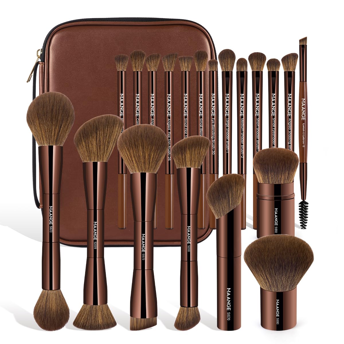 MAANGE 20 PCS Makeup Brush Set with Bag, Double-ended Kabuki Brush Foundation Contour Brush for Liquid Powder Concealer Eye Shadows Cream Cosmetics Blending Blush Face Makeup Tools (Brown)