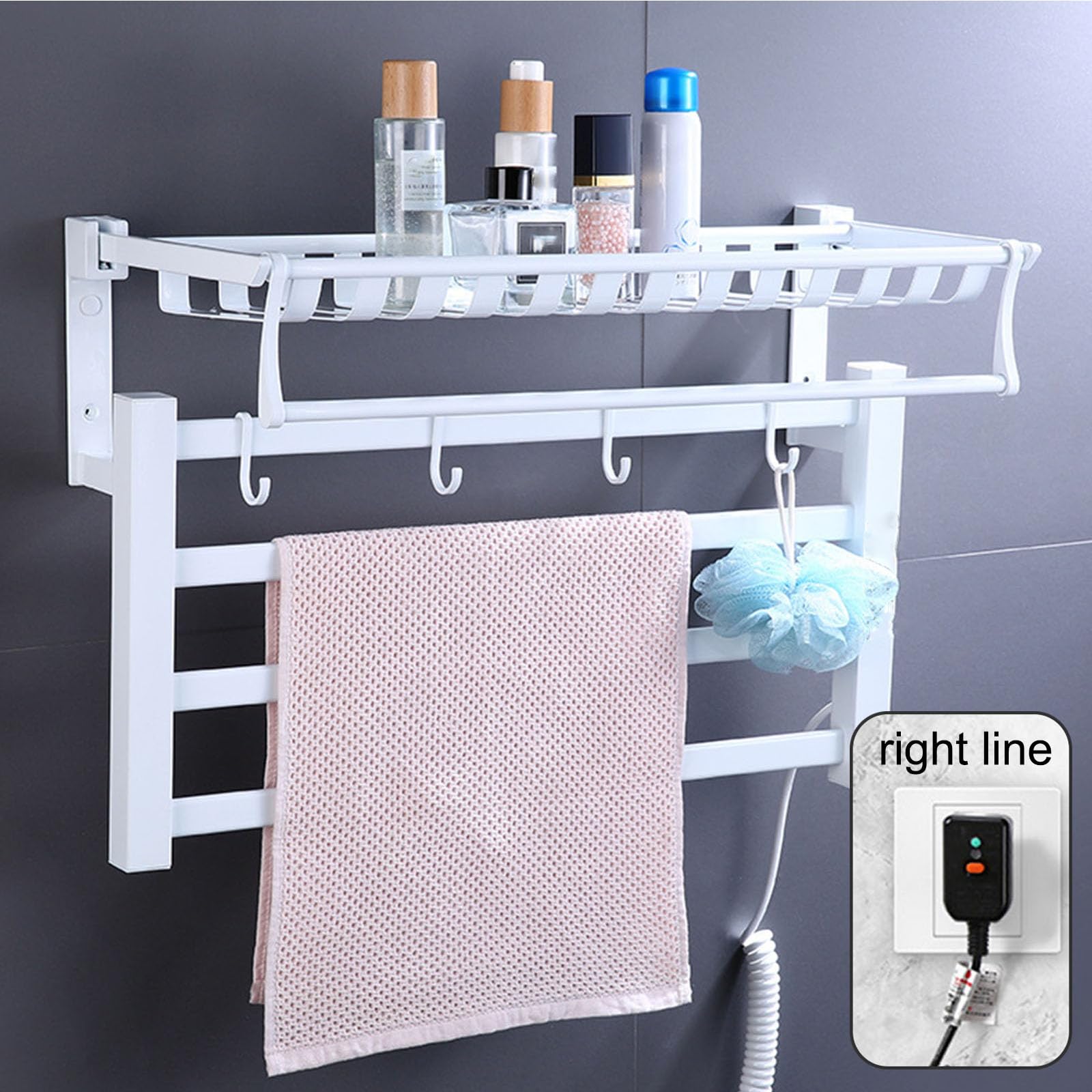 Termoarredo Elettrico, Scaldasalviette Elettrico da Bagno con Temporizzatori e Termostato, Portasciugamani a Parete con Vassoio Del Ripiano Superiore,Bianca,Right Line
