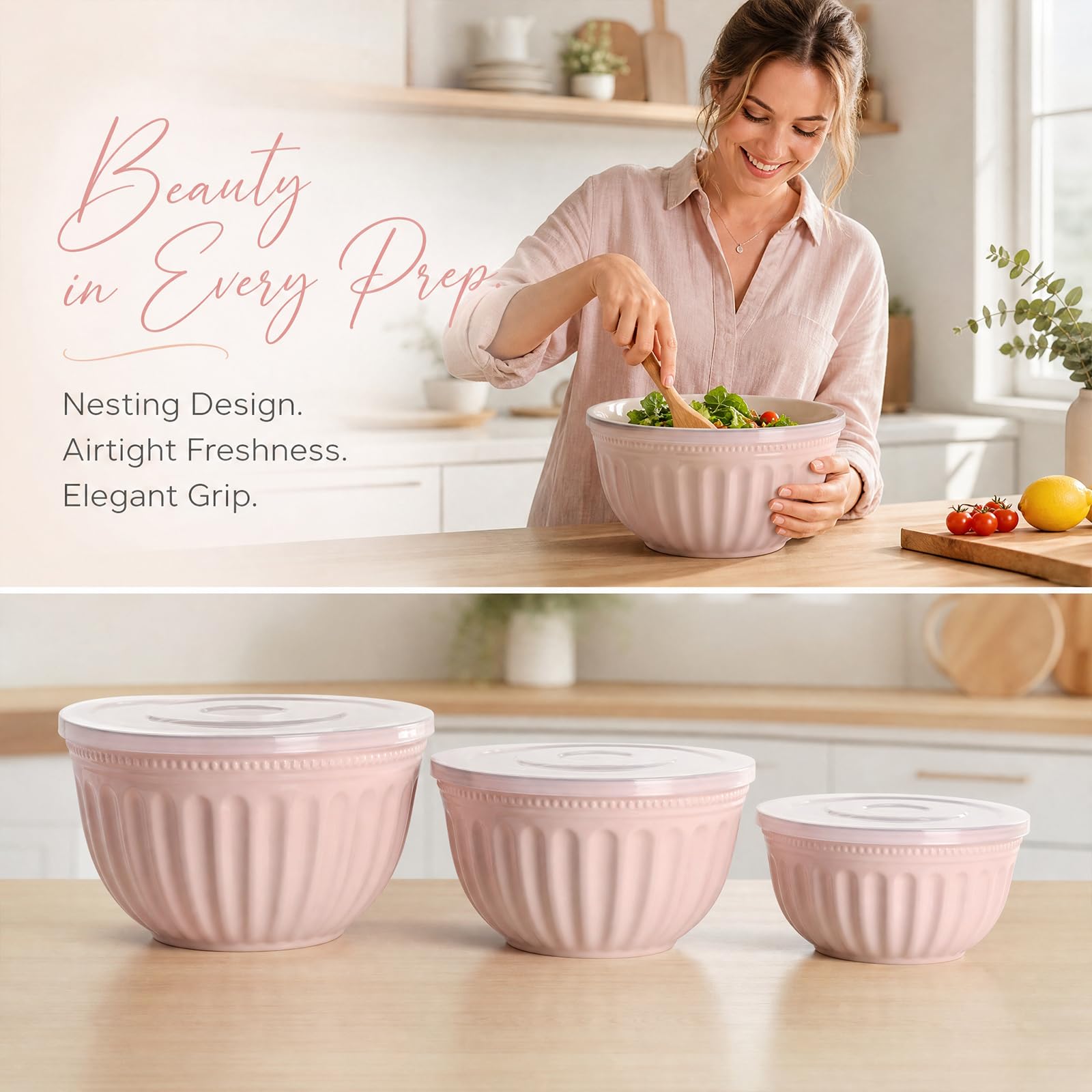 Set di 3 ciotole per insalata con coperchio, in plastica, senza BPA, impilabili, grandi ciotole per cucina, set di ciotole per miscelare, servire e conservare (rosa)