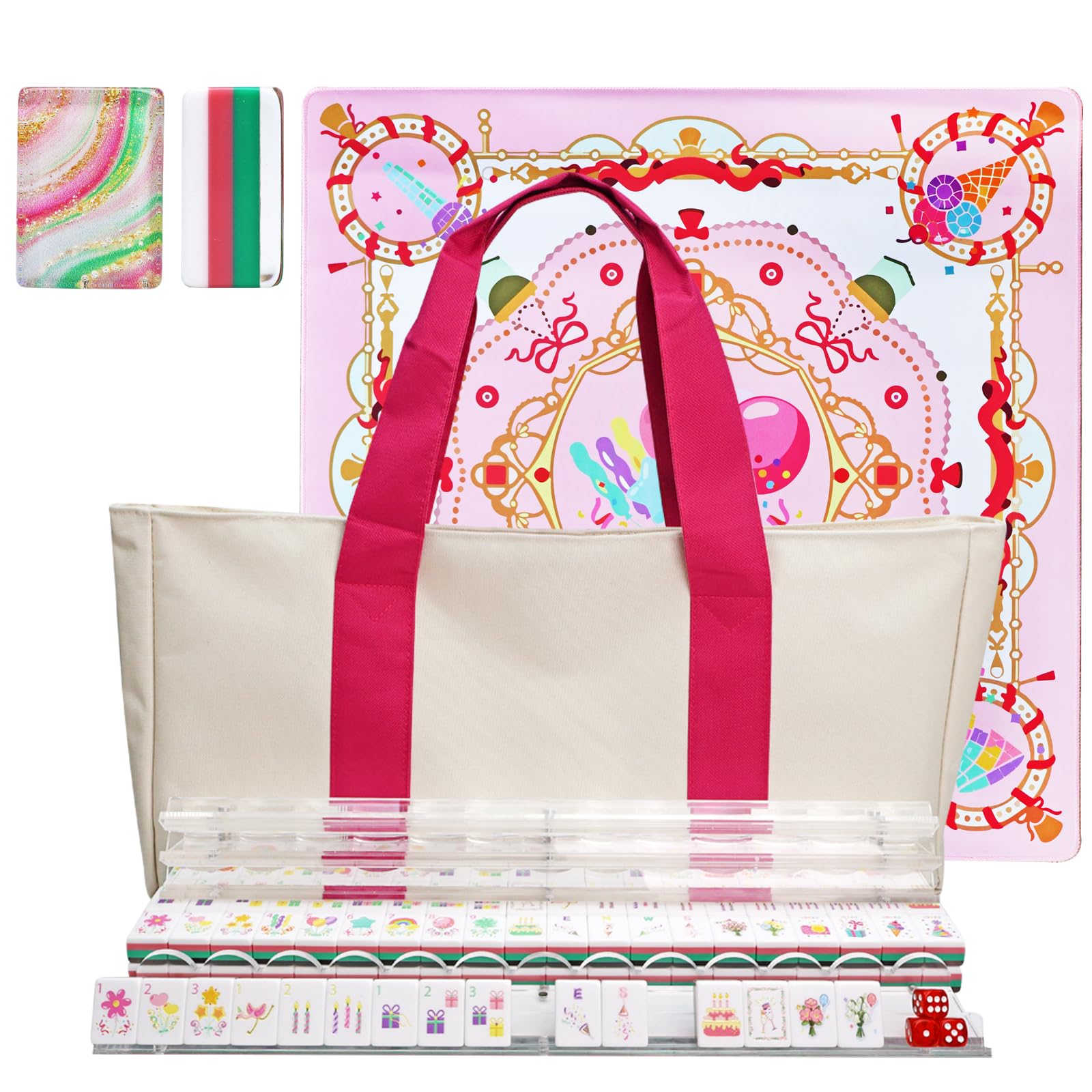 Photo 1 of American Acrylic 4-Layer Mahjong Set with Rainbow Translucent Backs, 2 Bags, 4 Acrylic Racks, Silent Mat – Portable American Mahjong Game Set for Adults, Family Game Night & Travel