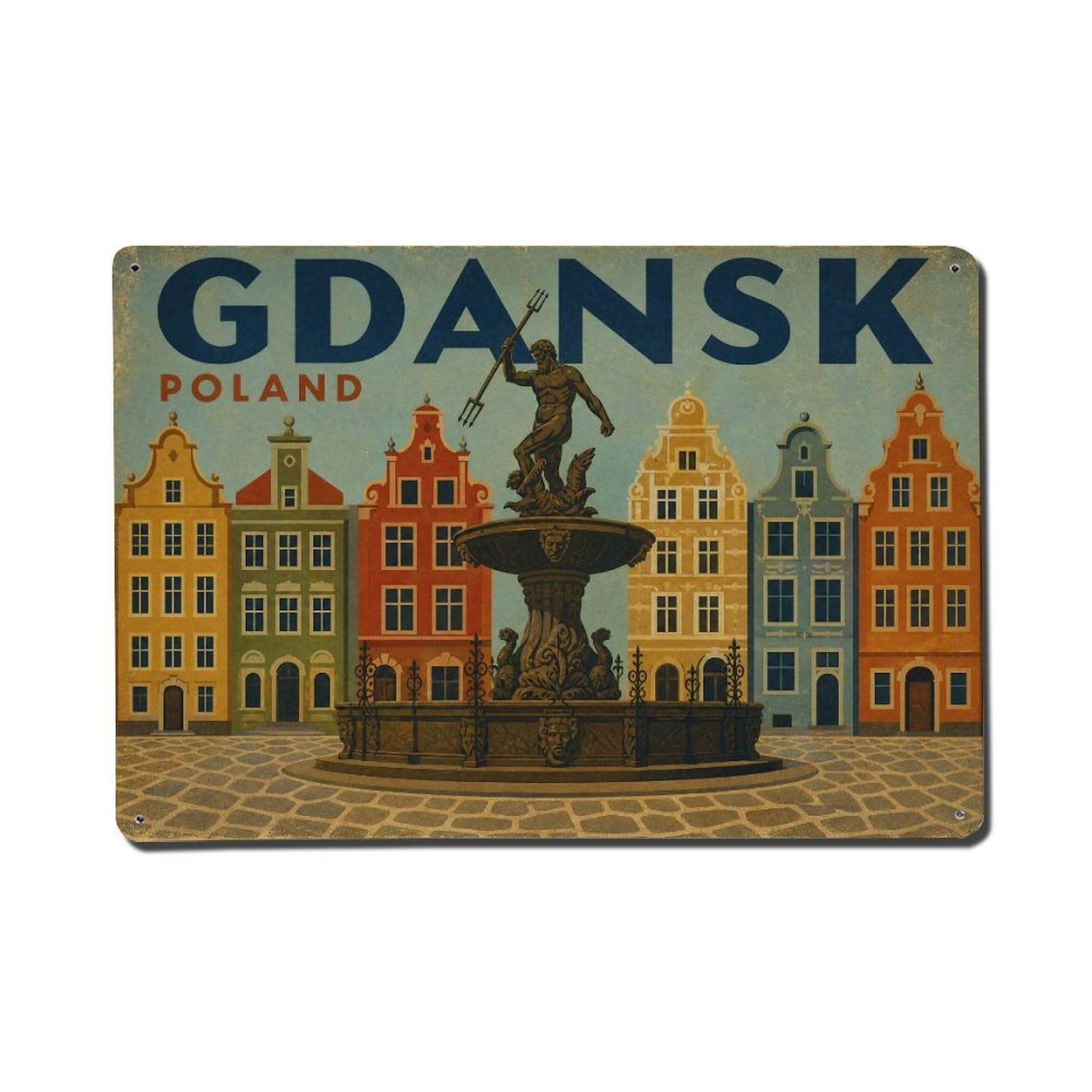 Retro Travel Poland Gdansk Metal Tin Sign Plaque Wall Decor for Cafe, Club Bar, Office, Garden Metal Poster 8x12Inch