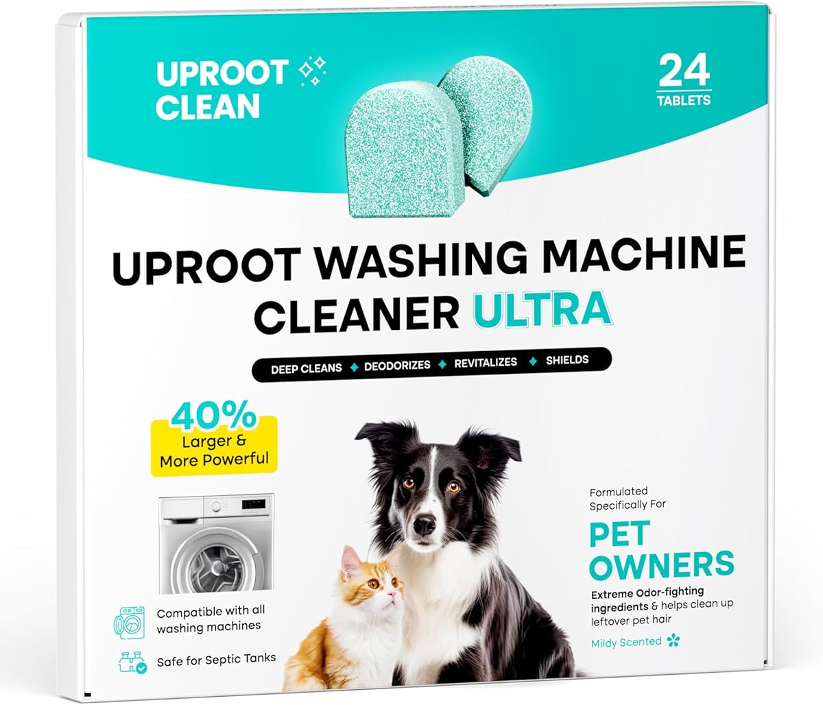 Uproot Clean Washing Machine Cleaner Tablets Ultra - 40% Stronger Formula: Designed for Pet Owners, Remove Residue, Grime & Odors, Compatible with HE, Top & Front Load, 24 Pack - 12 Month Supply