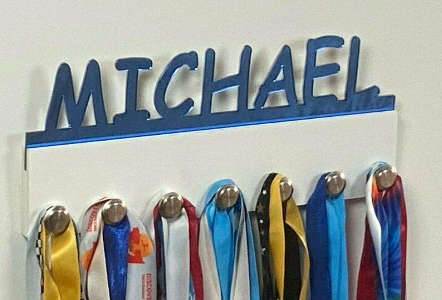 MIRROR MANIA Custom Personalized Name Medal Holder, Awards Display Hanger Rack with Hooks for 60+ Medals, Ribbons, Sports 16'' Wide, One of A Kind Made to Order with Your Name On It