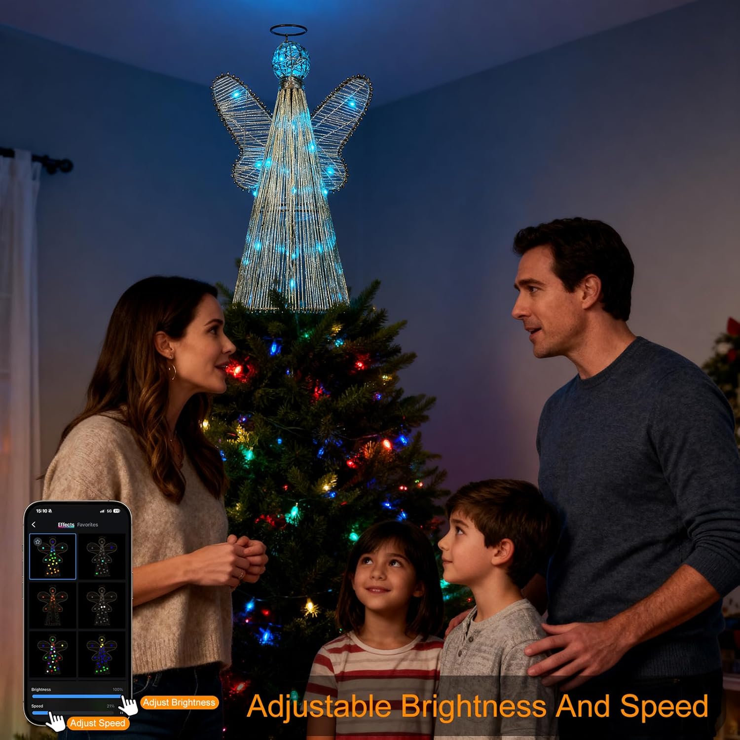 Smart Christmas Tree Topper Star, 12IN Angel Tree Topper, 80 Lighting Modes, Multicolor Flash/Solid, App & Remote Control, Music Sync, DIY Colors, USB Powered for Xmas Holiday Decor