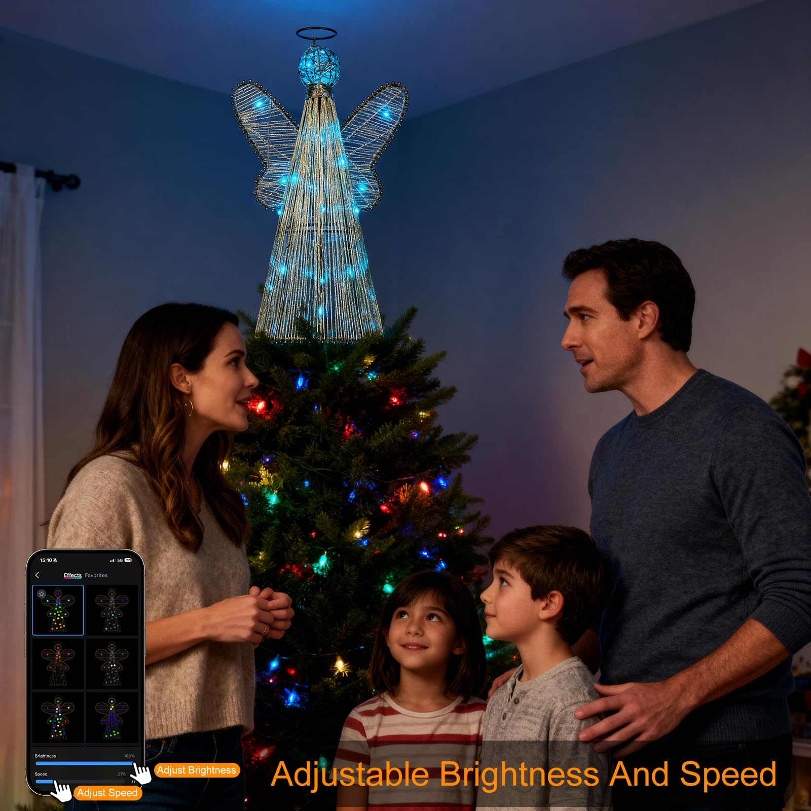 Estrella inteligente para árbol de Navidad, decoración de árbol de ángel de 12 pulgadas, 80 modos de iluminación, flash multicolor / sólido, aplicación y control remoto, sincronización de música