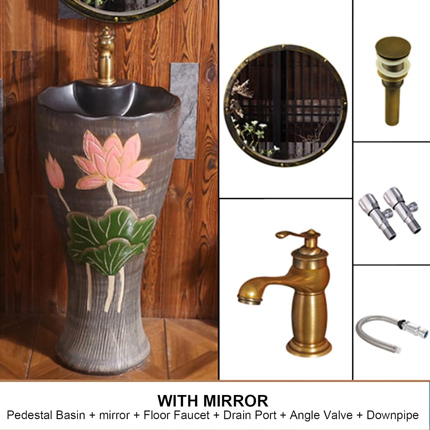 Bathroom Ceramic Luxury Pedestal Washbasin Round Freestanding Sink Pedestar Labatory Sink Standing Aron Art Ceramic Washbasin (A5 with Mirror)
