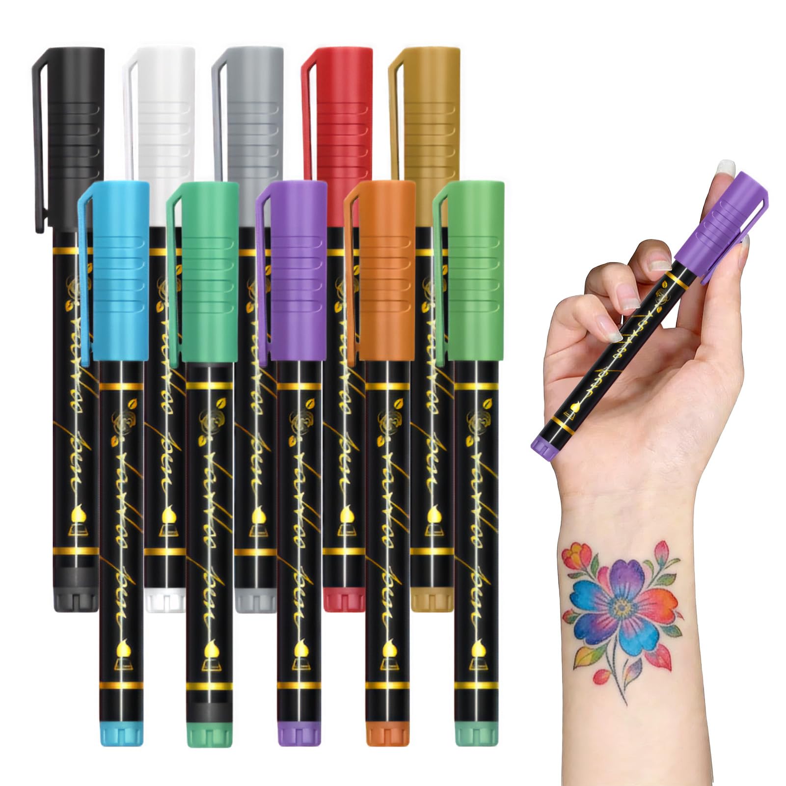 – 10 Colours Temporary Tattoo Pens for Skin,Washable Body Art Tattoo Marker Pens Kit,Fast-Drying Skin Safe Face Paint Markers for Kids and Adults Painting Parties Festivals Dress Up