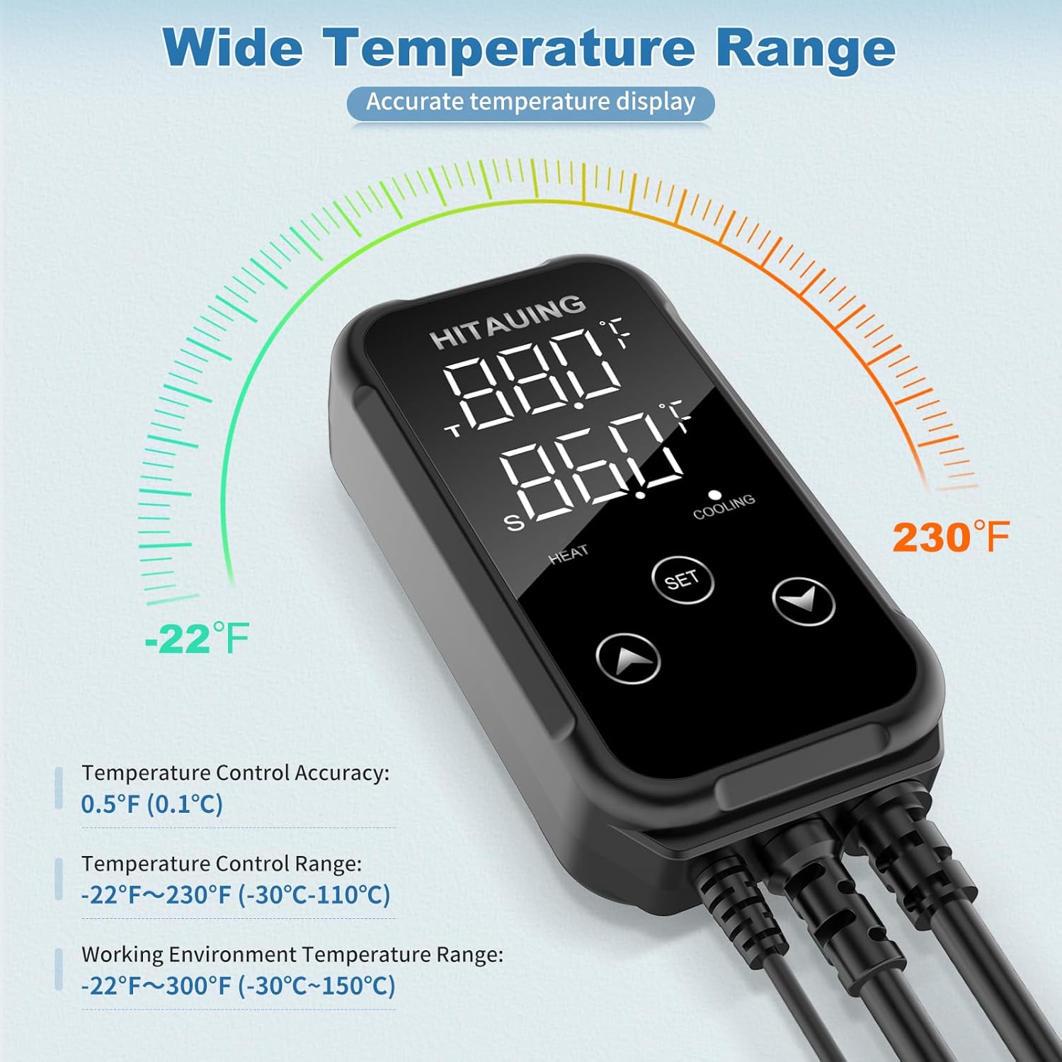 HiTauing Digital Temperature Controller, Aquarium Heater Reptile Thermostat Heating and Cooling Dual Outlet with Seawater-Resistant Probe for Fish Tanks, Reptile Tanks, Greenhouse & Seedling Mat