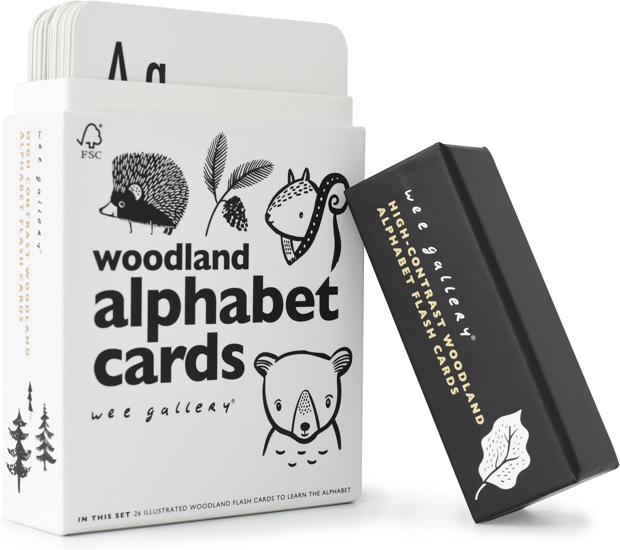 Wee Gallery Educational Flashcards for Babies, Double Sided Black and White Learning Flash cards, Woodland Animal Alphabet Cards for Visual Stimulation and Cognitive Development of Toddlers