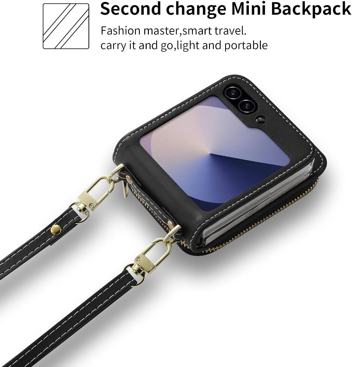 for Samsung Galaxy Z Flip 6/Flip 7 FE Luxurious Leather Zipper Wallet Case Offers 6 Card Slots, with Wrist Strap and Adjustable Shoulder Strap Like a Mini Backpack.(Black)