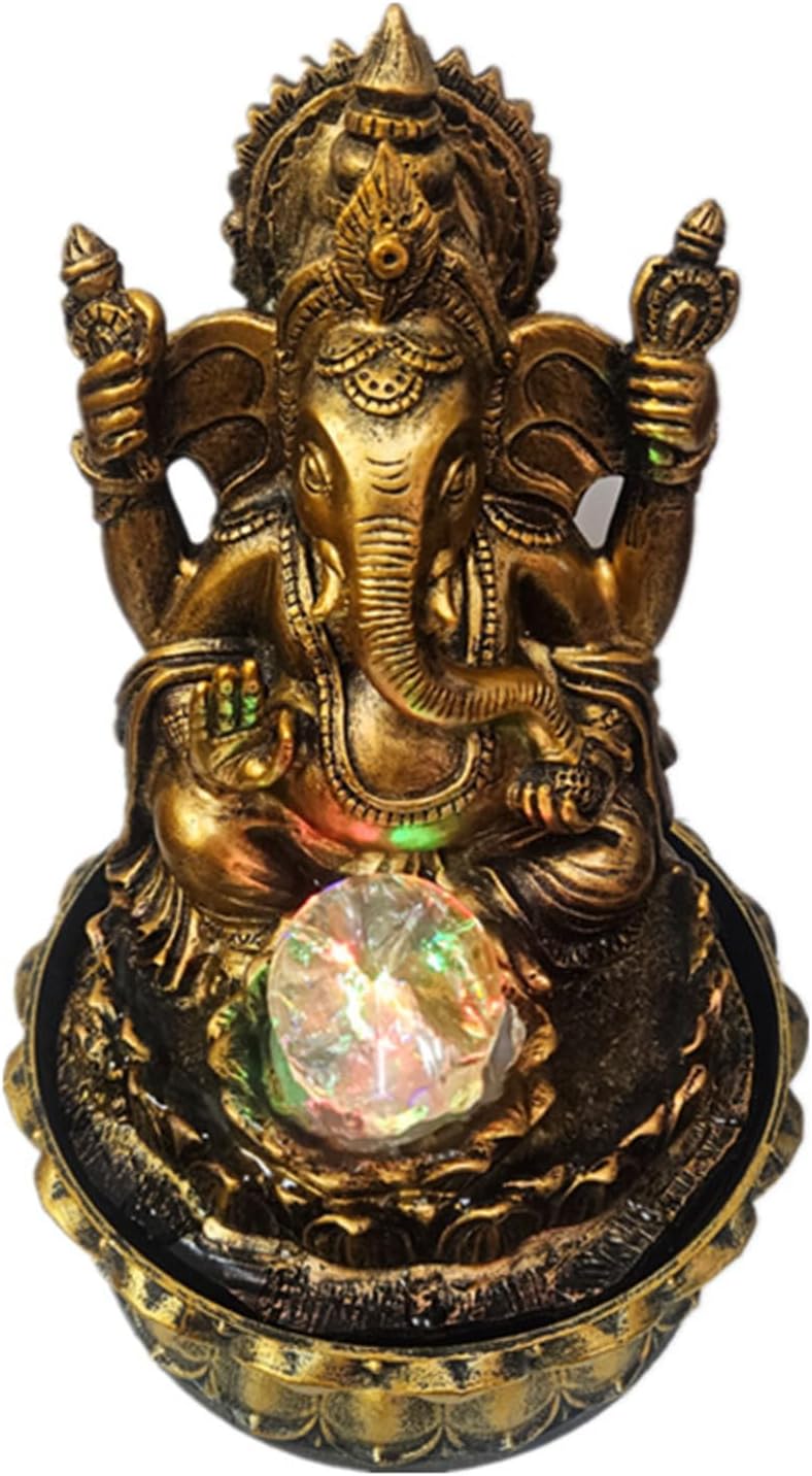 Golden Ganesha Lotus Fountain – 12-inch Indoor/Outdoor Water Feature with LED Crystal Ball, Plastic & Resin Décor (B)(D)
