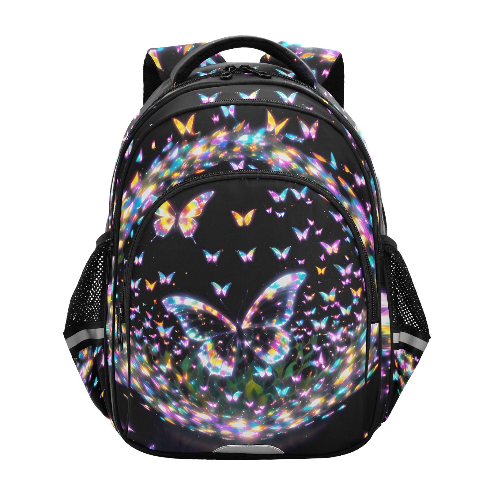 Nexawaveo Fantasy Butterflies Colorful Black School Backpack for Girls Boys Kids Bookbag Elementary Student Laptop Backpacks Travel Daypack