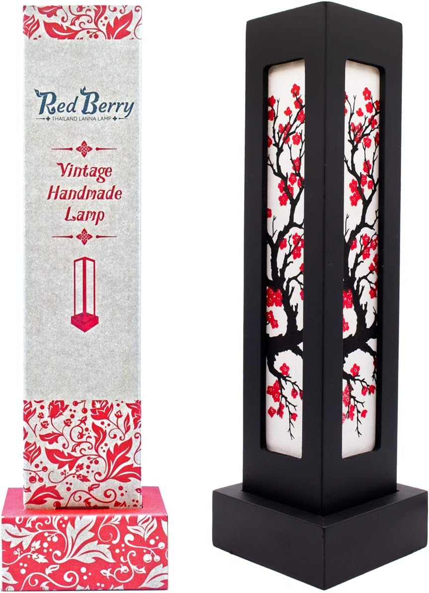 Red berry Thailand Lanna LampThai Wood Handmade Oriental Japanese Sakura Cherry Blossom Tree Branch Bedside Table Lights or Floor Home Decor Bedroom Modern (Sakura Hight AB6)