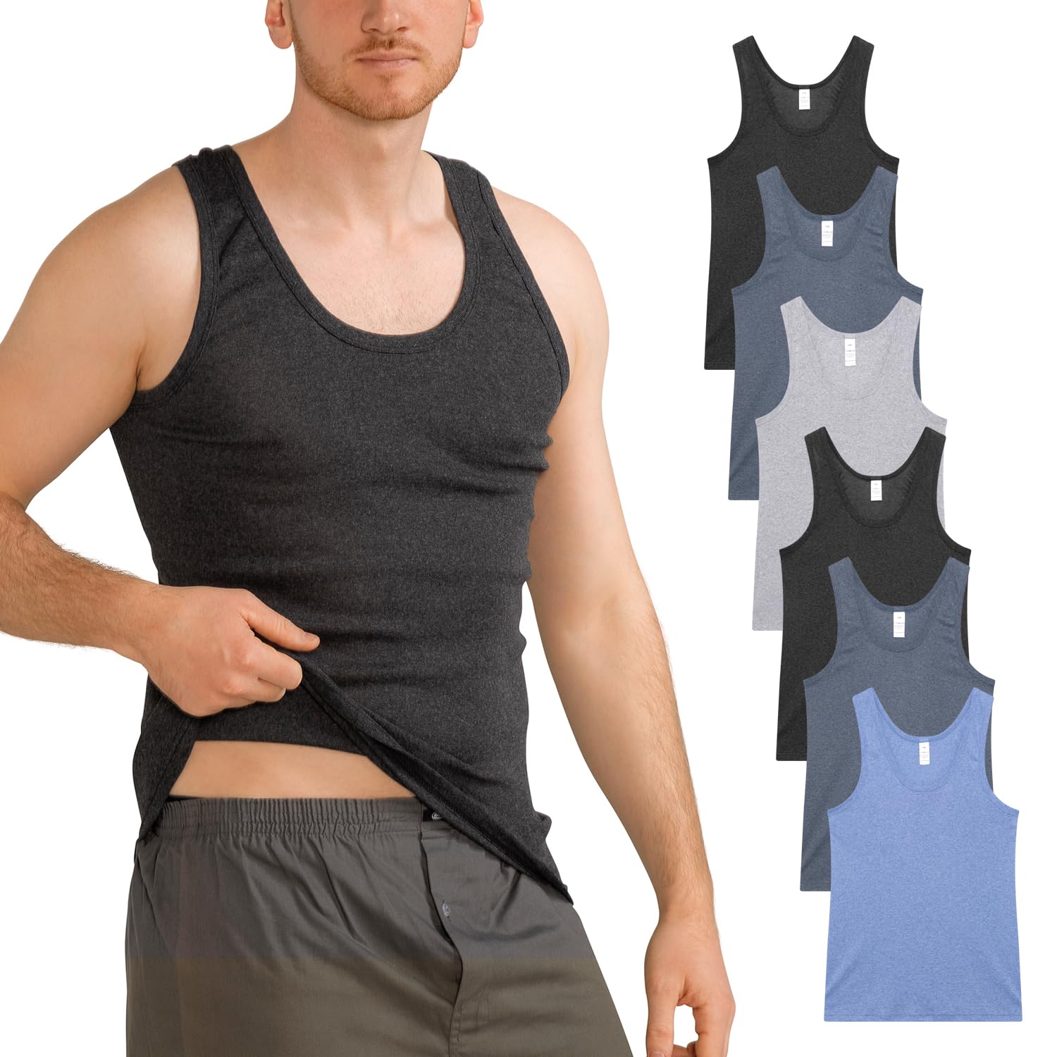 MT Lot de 6 maillots de corps classiques en coton pour homme - Côtes fines ou doubles côtes, Côtes fines mélangées, L