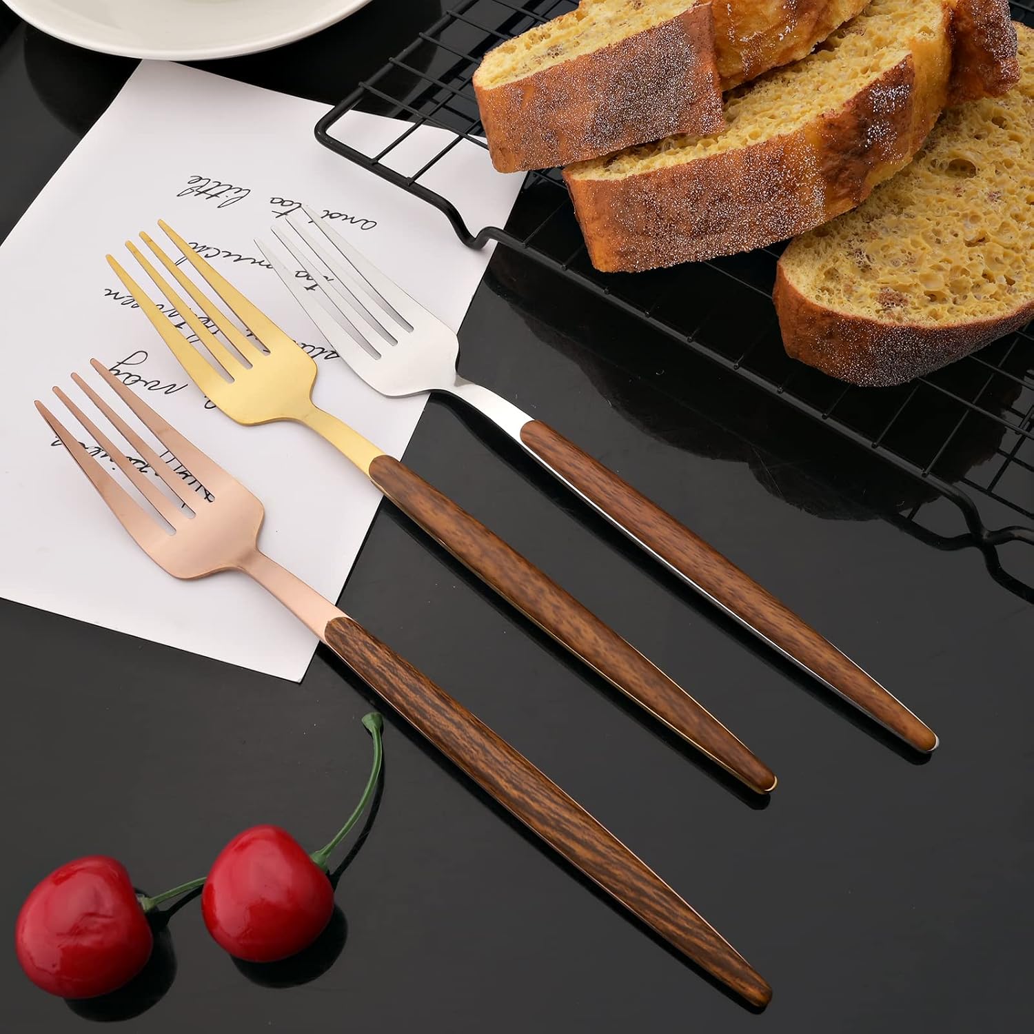 JASHII 10-piece Wood Dinner Forks Stainless Steel Modern Flatware Set, 8.3-inch Durable Table Fork Set of 10, Mirror Polished, Dishwasher Safe - Silver
