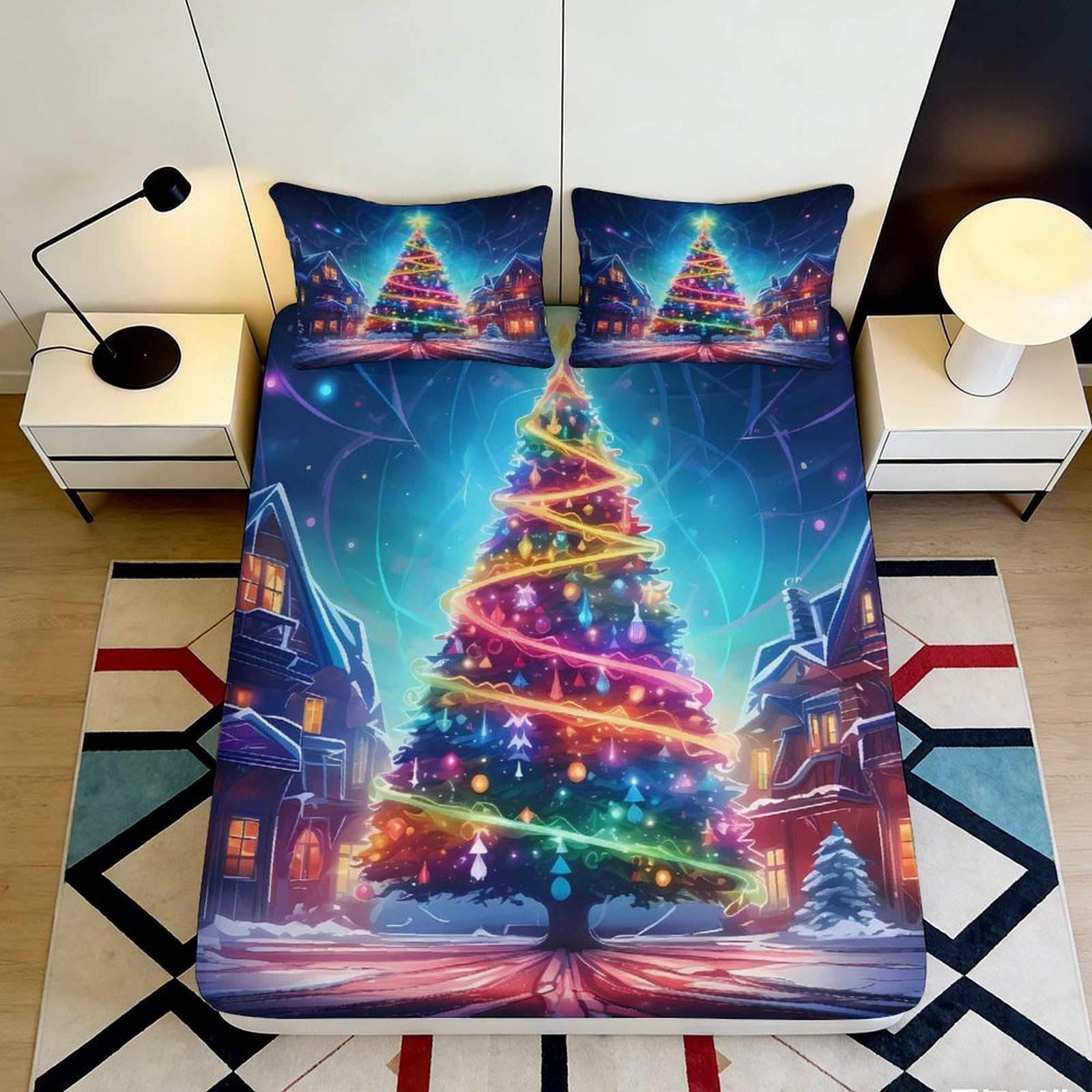 Jqzkxnhpbr Style-7 3D Printed Christmas Tree Fitted Sheet Microfiber Soft Colorful Night Village Mattress Cover Bedroom Decor 90X200x25cm