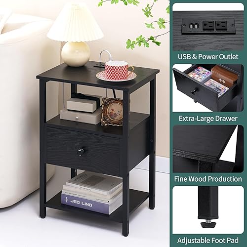 Miniatura 3 de Yoobure Juego de 2 mesitas de noche, mesita de noche con estación de carga, con puertos USB, mesitas de noche con cajón de madera y estante de