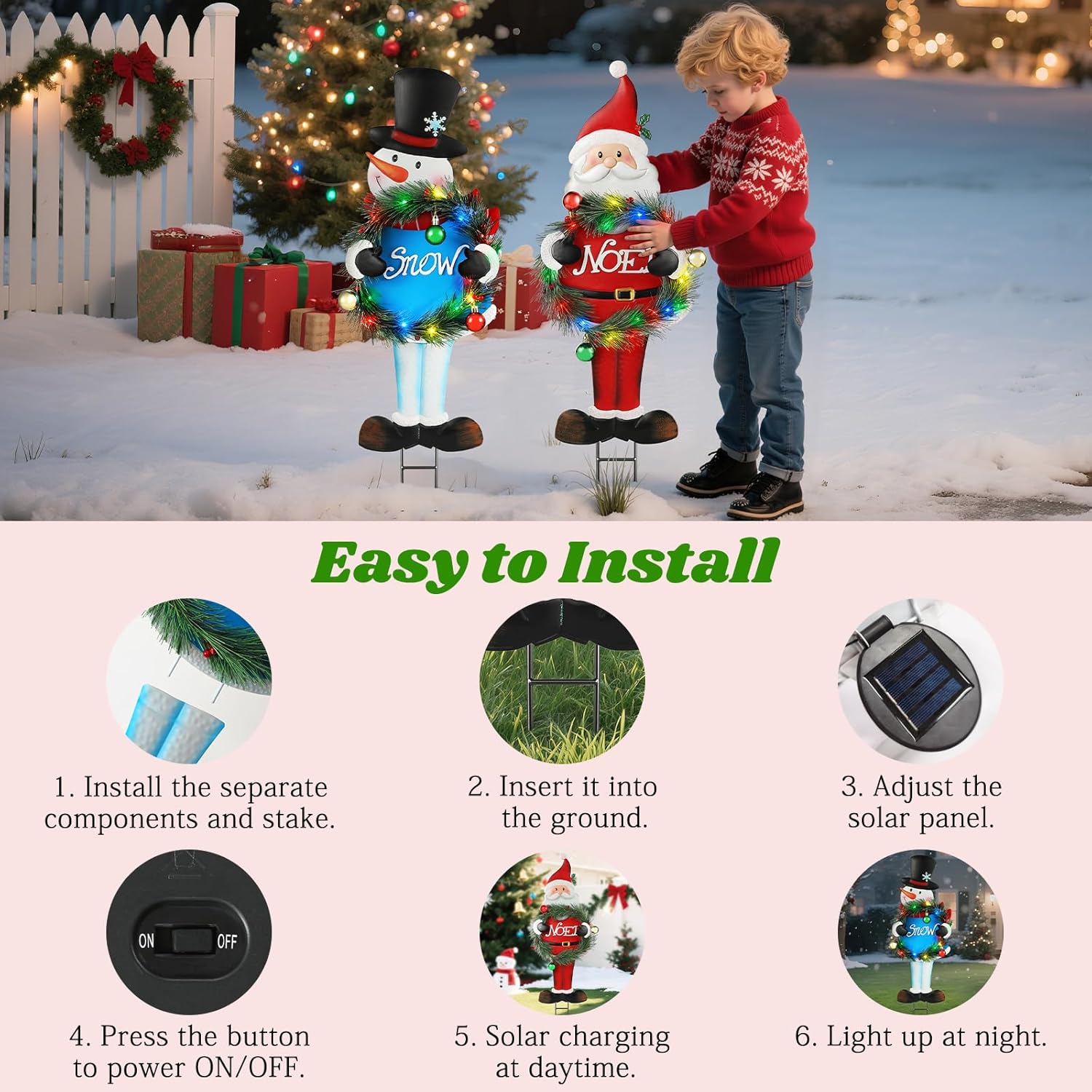 Lewondr 2 PCS Christmas Decororations Outdoor, 29.72" Solar Metal Santa Claus and Snowman with Wreath Garden Stakes, Xmas Yard Signs with Led Light, Waterproof Solar Garden Decor for Pathway