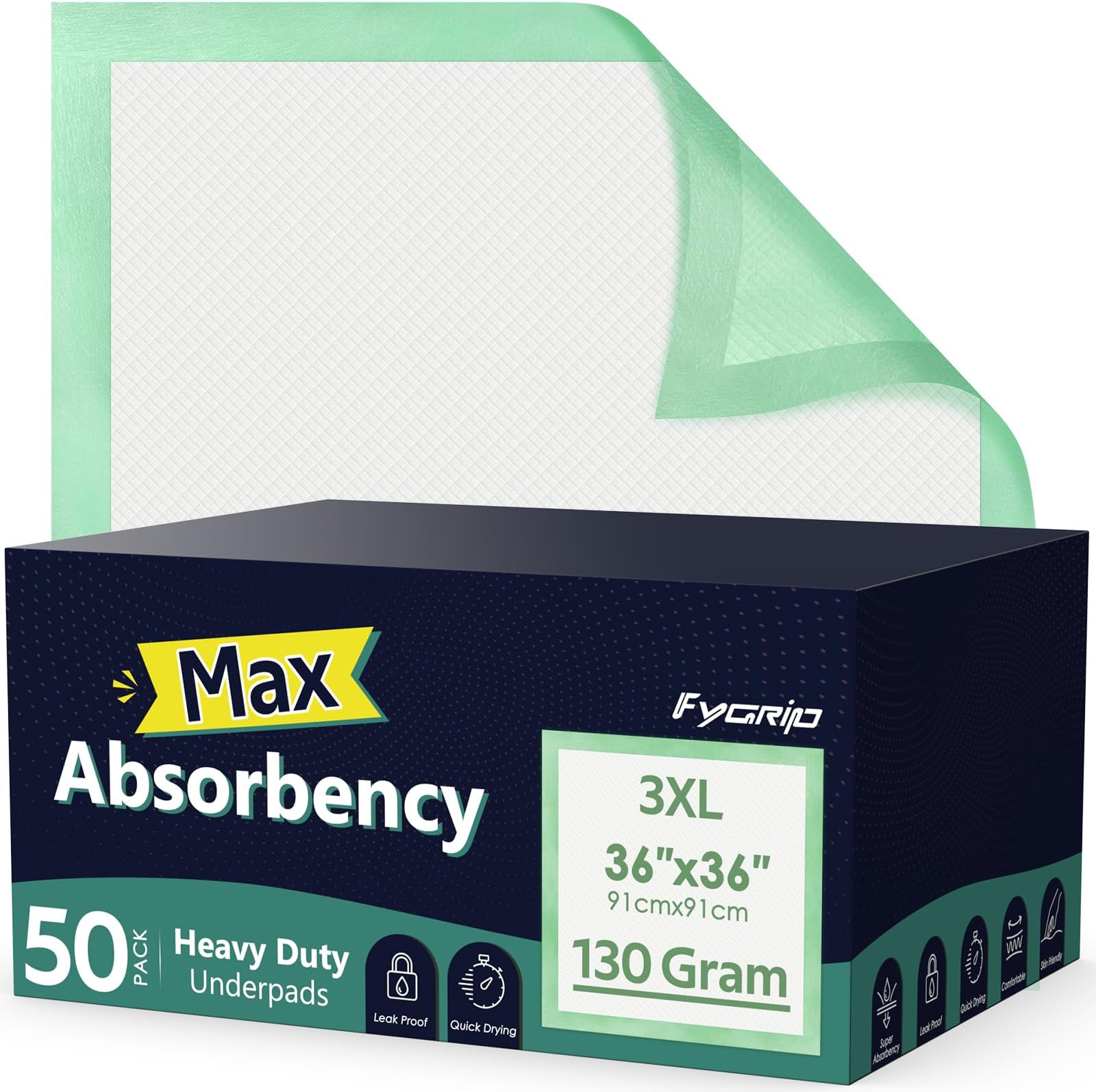 Fygrip 50 Count Hospital Grade 130 Gram 36โ x 36โ Max Absorbency Disposable U...