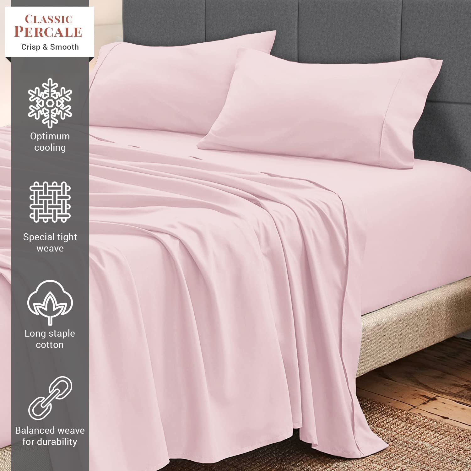 Pizuna Cotton Percale King Size Sheet Set Light Pink, 100% Long Staple Combed Cotton Bedding Set 275x280 cm - Image 2