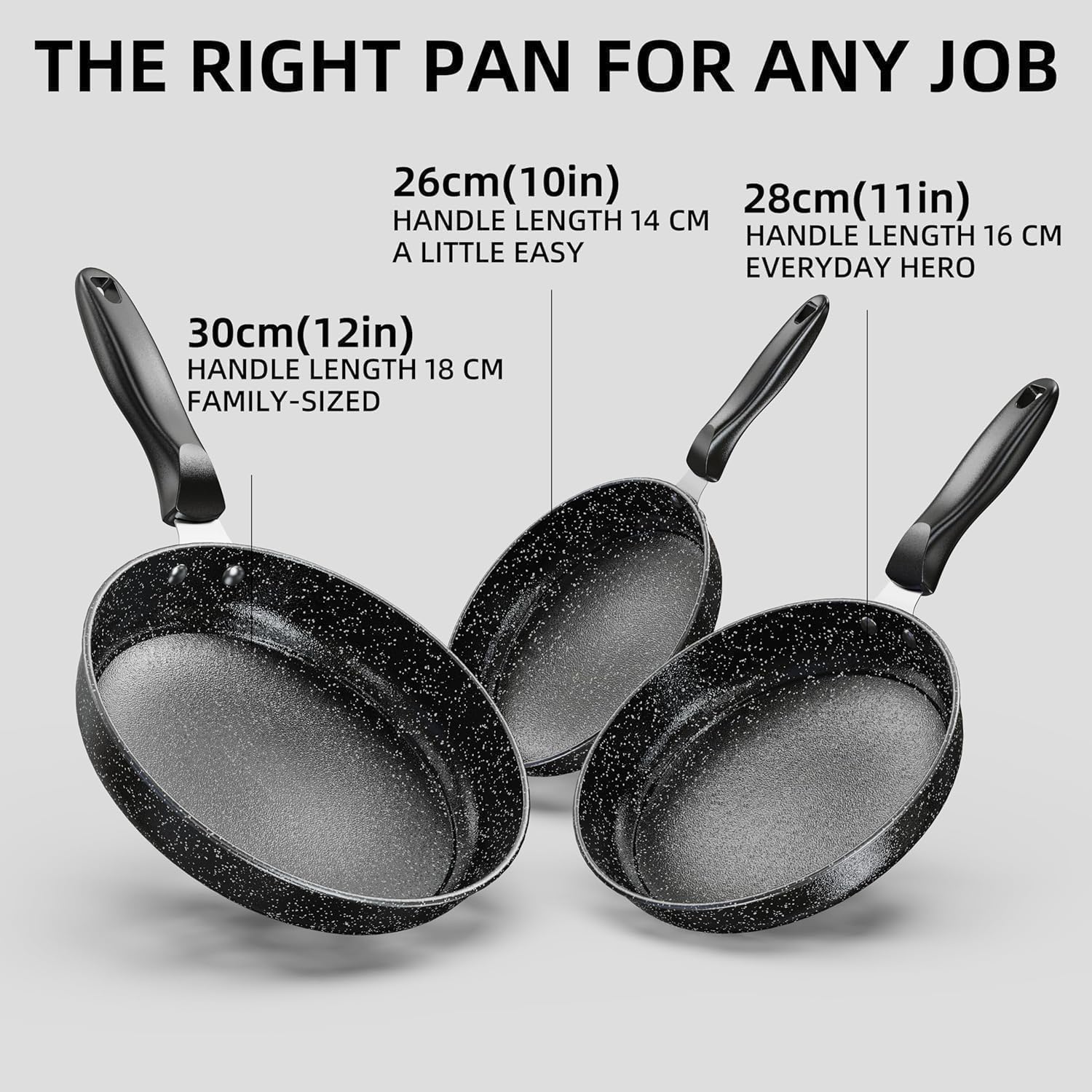 Kiseely Juego de sartenes antiadherentes de hierro fundido de 26 cm, 28 cm y 30 cm (3 piezas) para cocinar. Sartenes profesionales antiadherentes con mango que se mantiene frío (VM4)