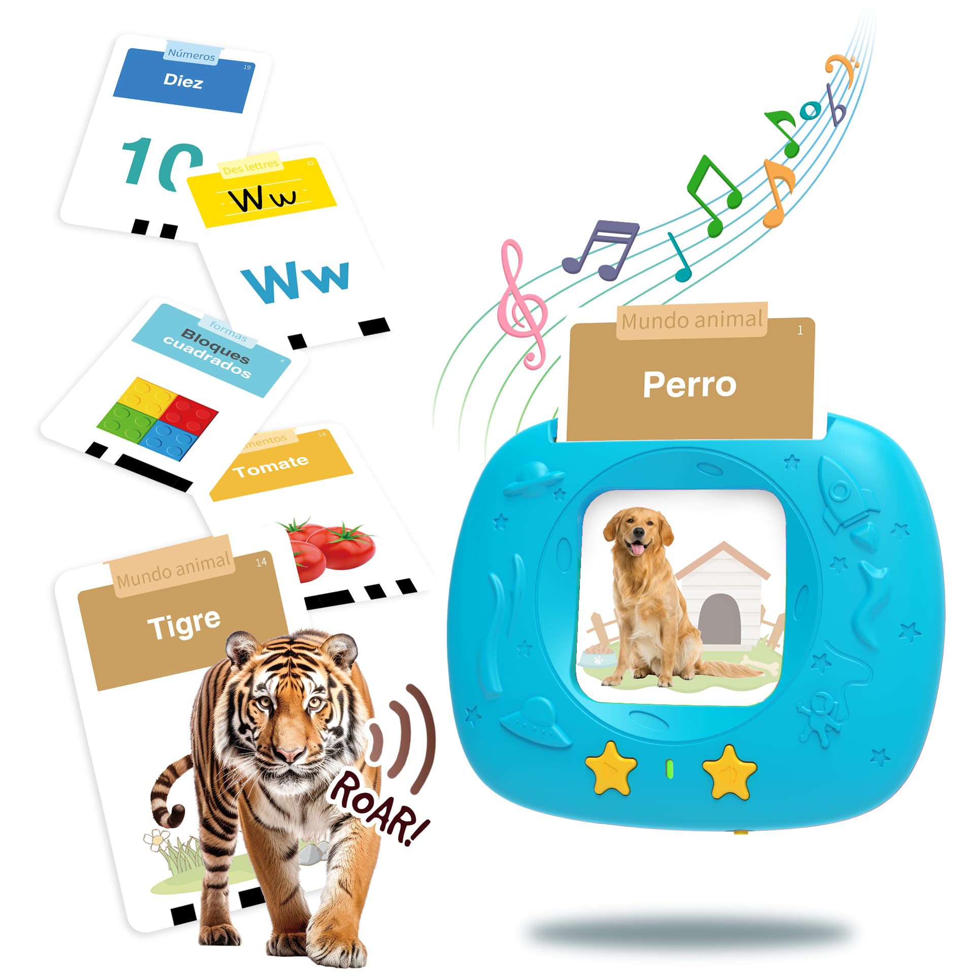 HOMESTEC Lernkarten-Set für Kinder 2-4 Jahre | Spanische Sprechende Lernkarten mit Geräuschen, 288 Wörter 144 Karten, Sprachlernspielzeug –Spielzeug Geschenkidee für Jungen & Mädchen