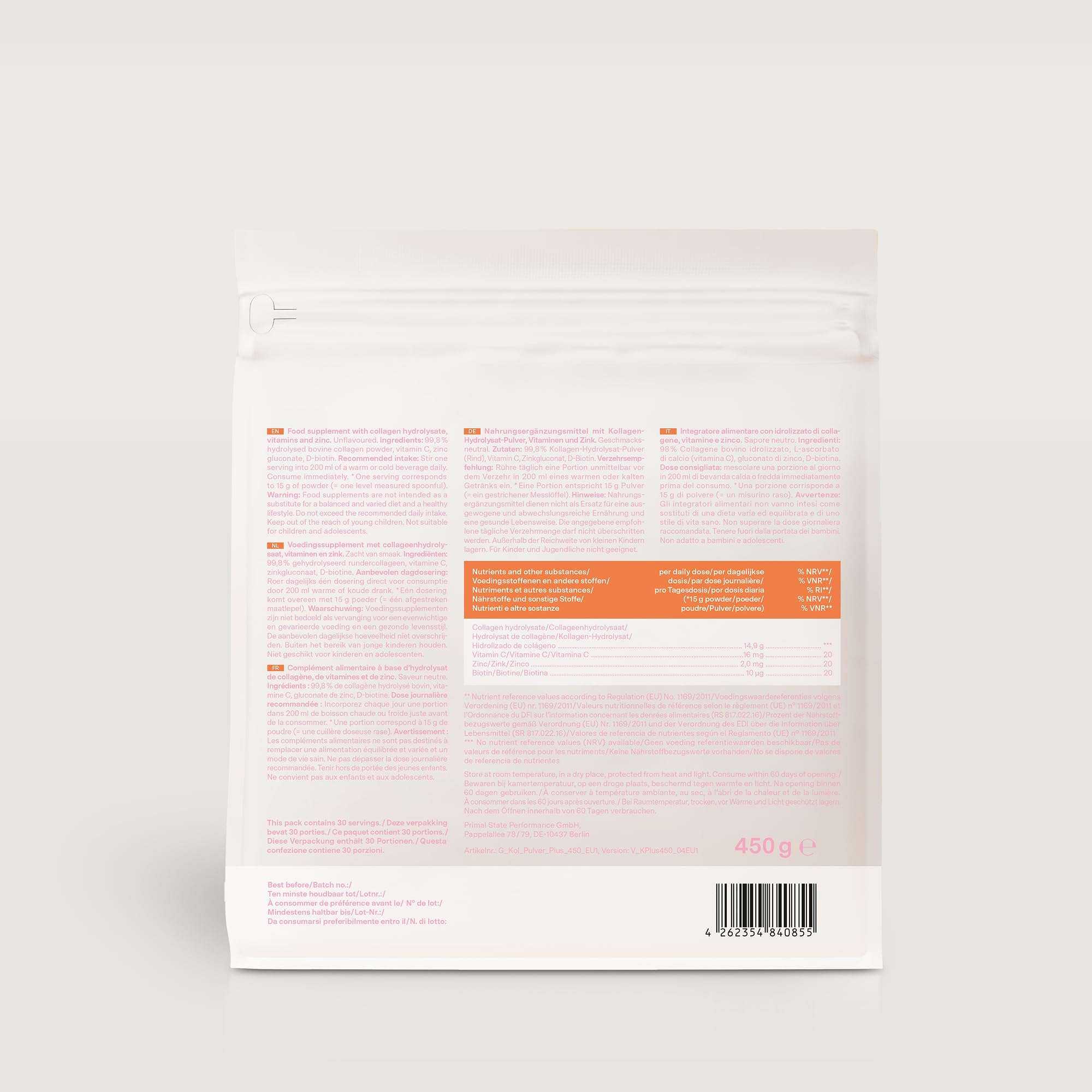 Glow25® Collagène Plus 450g Complément Alimentaire Vitamine C Zinc Biotine Hydrolysat de Collagène Premium Peptides Type 1 et 3