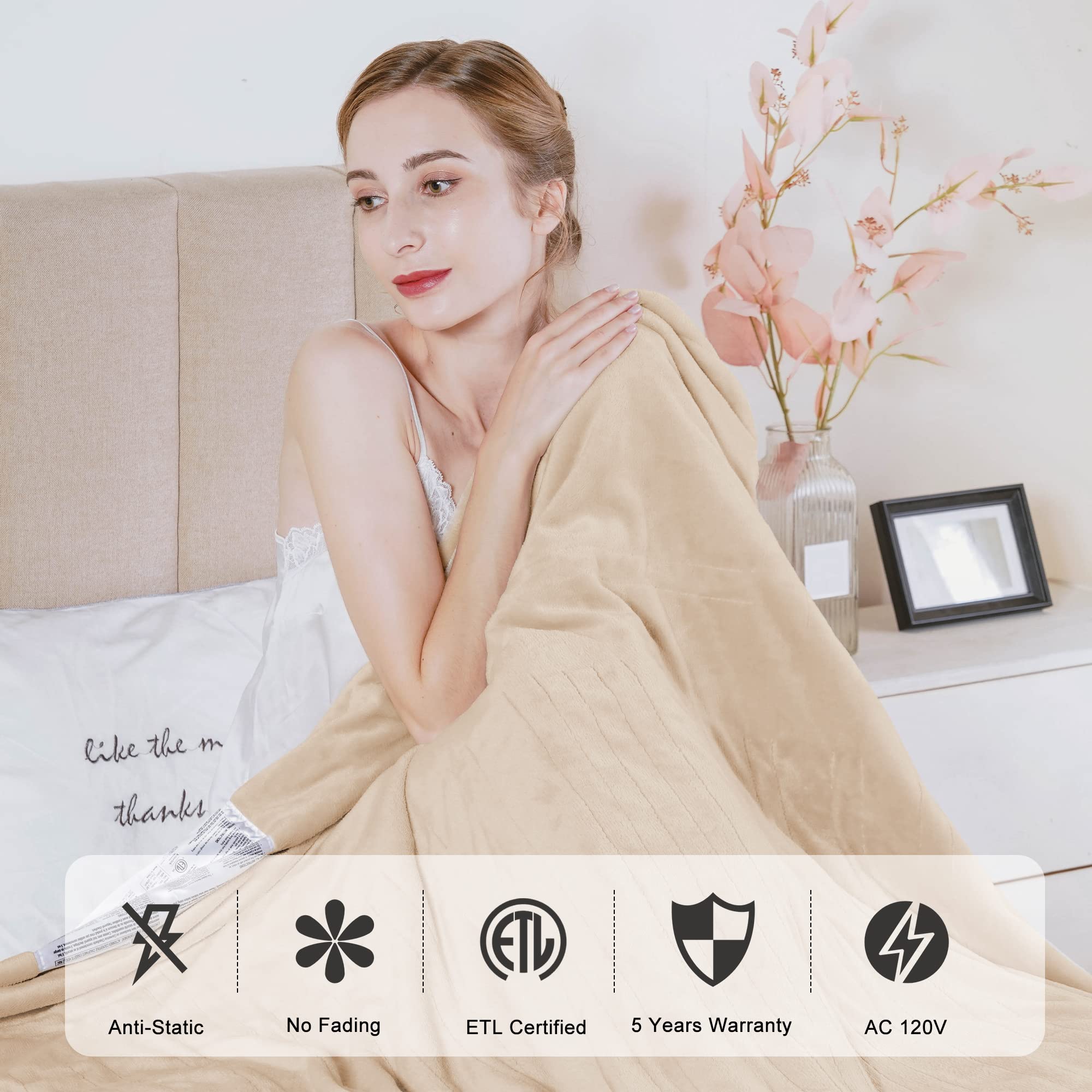 Amazon.com: Sunvivi Electric Blanket Queen Size, Heated Blanket Dual  Control Soft Flannel, 10 Heat Settings, 12 Hours Auto Off, Machine  Washable, 5 Years Warranty, Overheat Protection, ETL Certified, Beige :  Home u0026 Kitchen