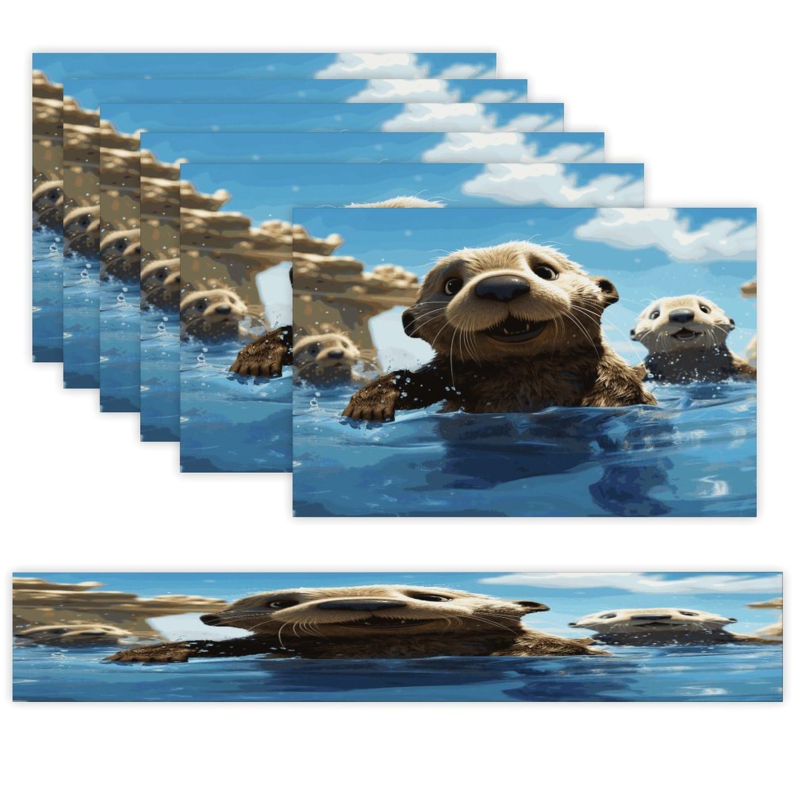 Lovely Sea Otter Print Table Runner and Placemats Set of 6 for Kitchen Washable Table Mats Heat Resistant Place Mats Non-Slip Place Mat Wipeable Placemat(6 Placemats+1 Table Runner)