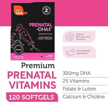 Zahler Prenatal +DHA 300 - Prenatal Vitamin with Methylated Folate & DHA for Pregnant Women - Support for Mom & Baby - Kosher, Gluten Free, Dairy Free - 120 Softgels